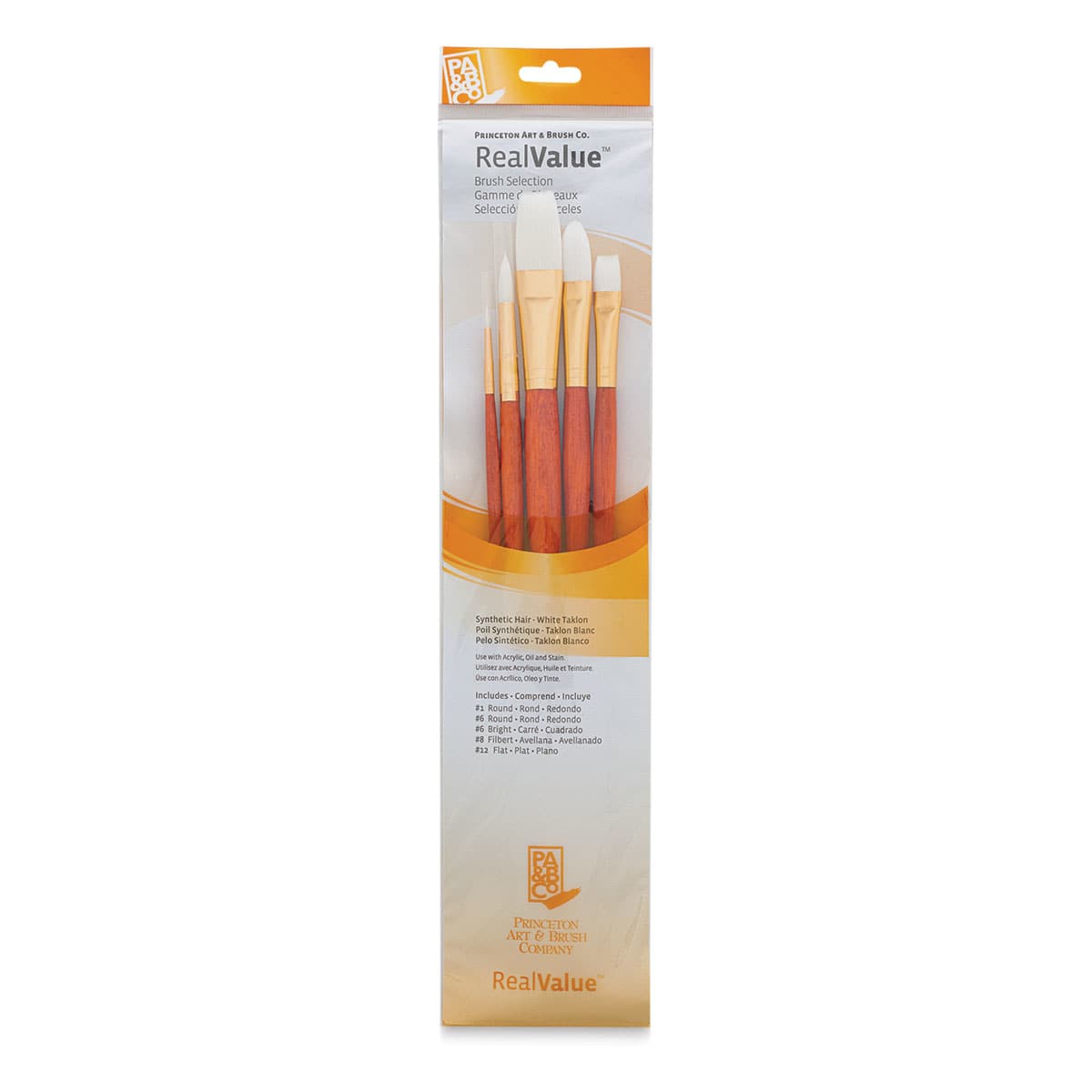 Princeton Real Value Brush Set - 9155, White Taklon, Long Handle, Set of 5 front of package