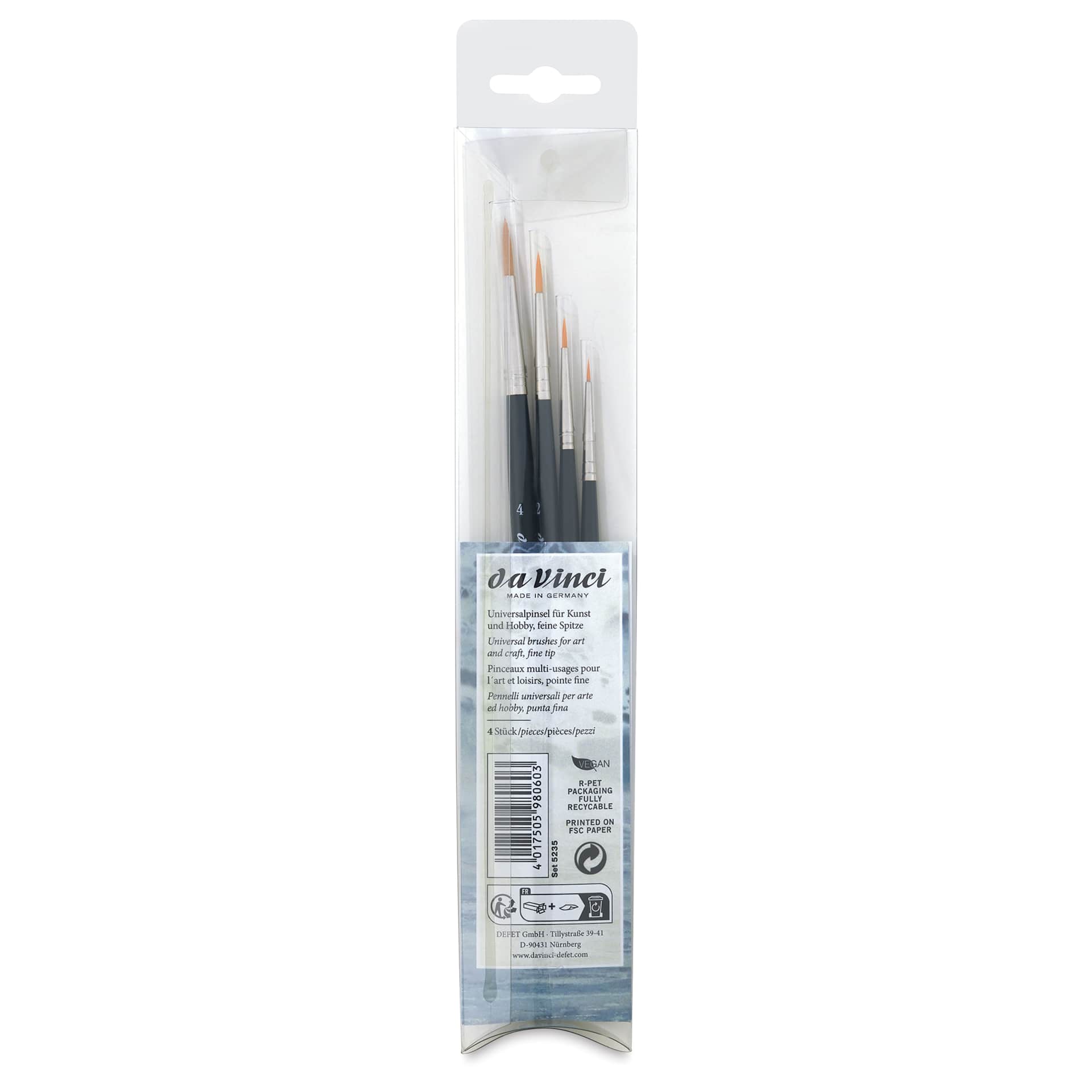 Da Vinci Nova Synthetic Brushes - Set 5235, Round, Short Handle, Set of 4, back of the packaging