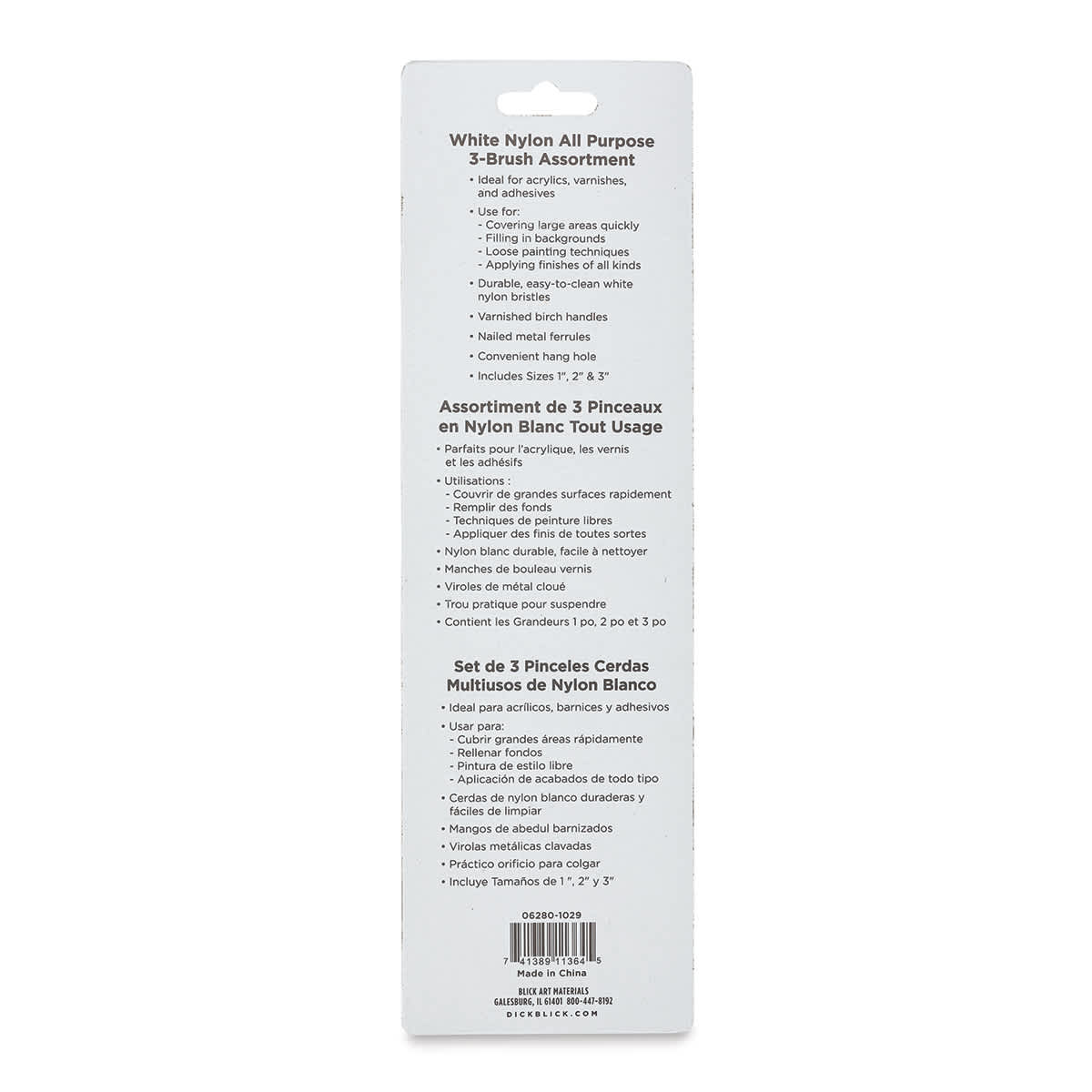 Blick Essentials Value Brush Set - Utility Brushes, White Nylon, Set of 3 back of package