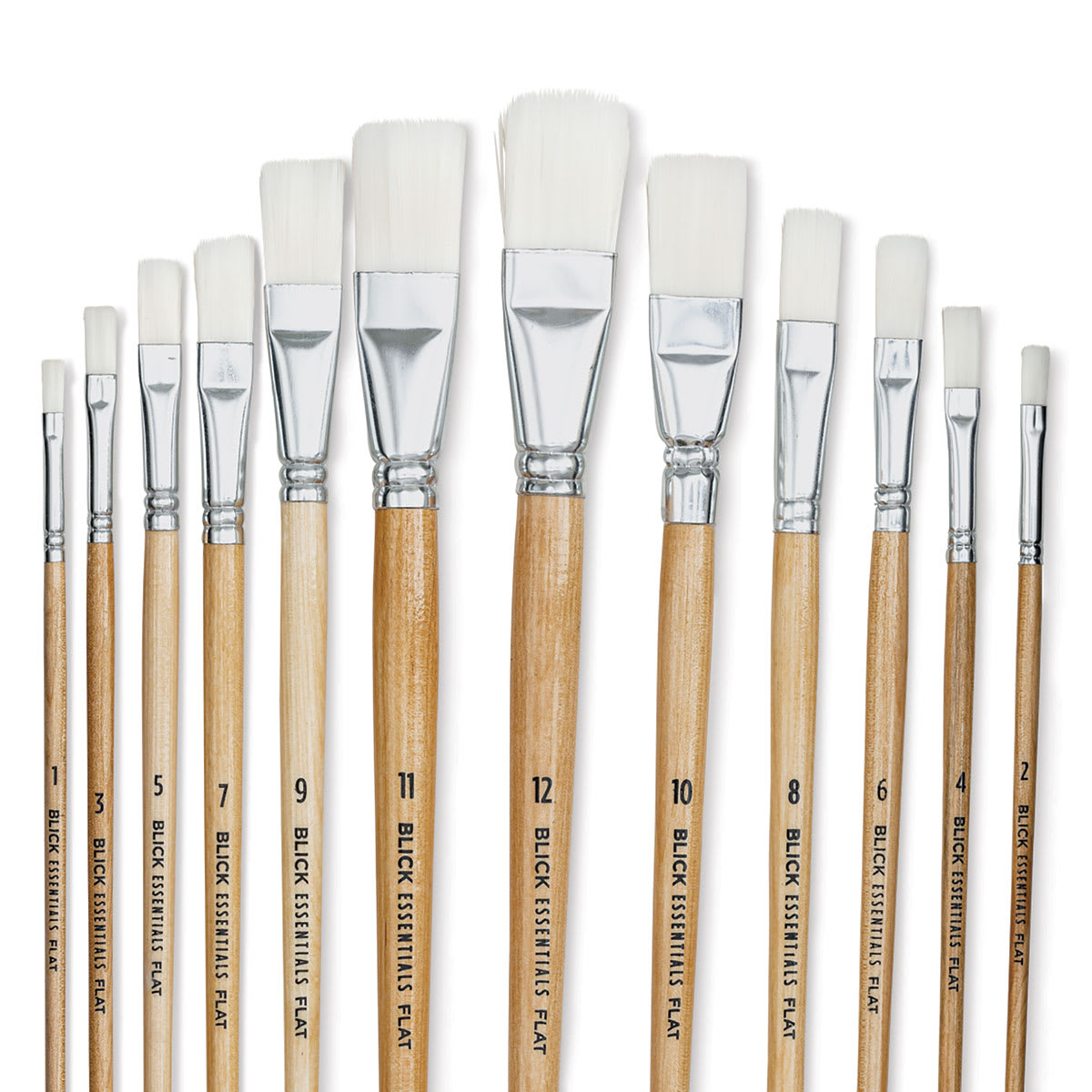 Blick Essentials Value Brush Set - Flat Brushes, White Nylon, Set of 12 (close-up of brushes)