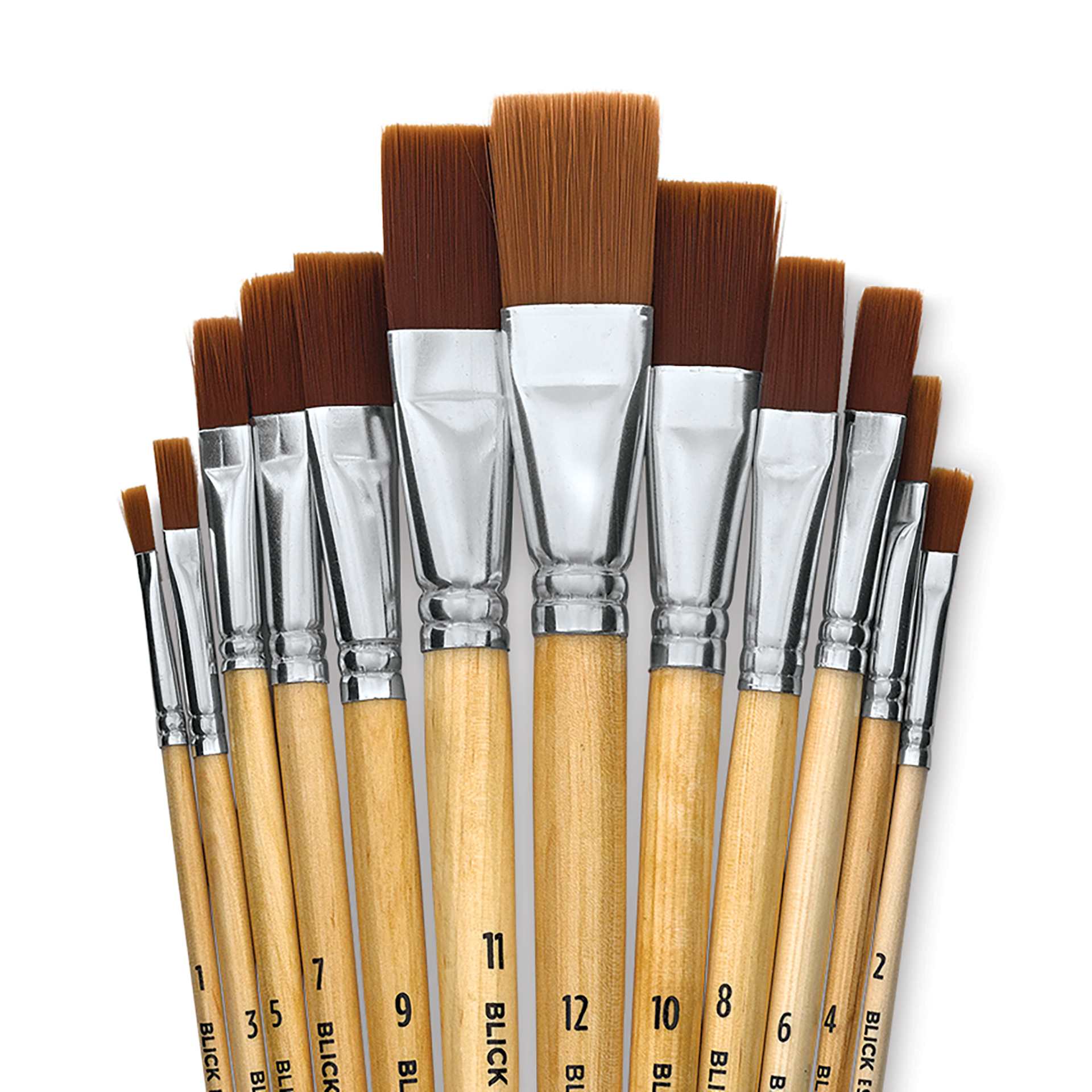 Blick Essentials Value Brush Set - Flat Brushes, Brown Nylon, Set of 12, close up