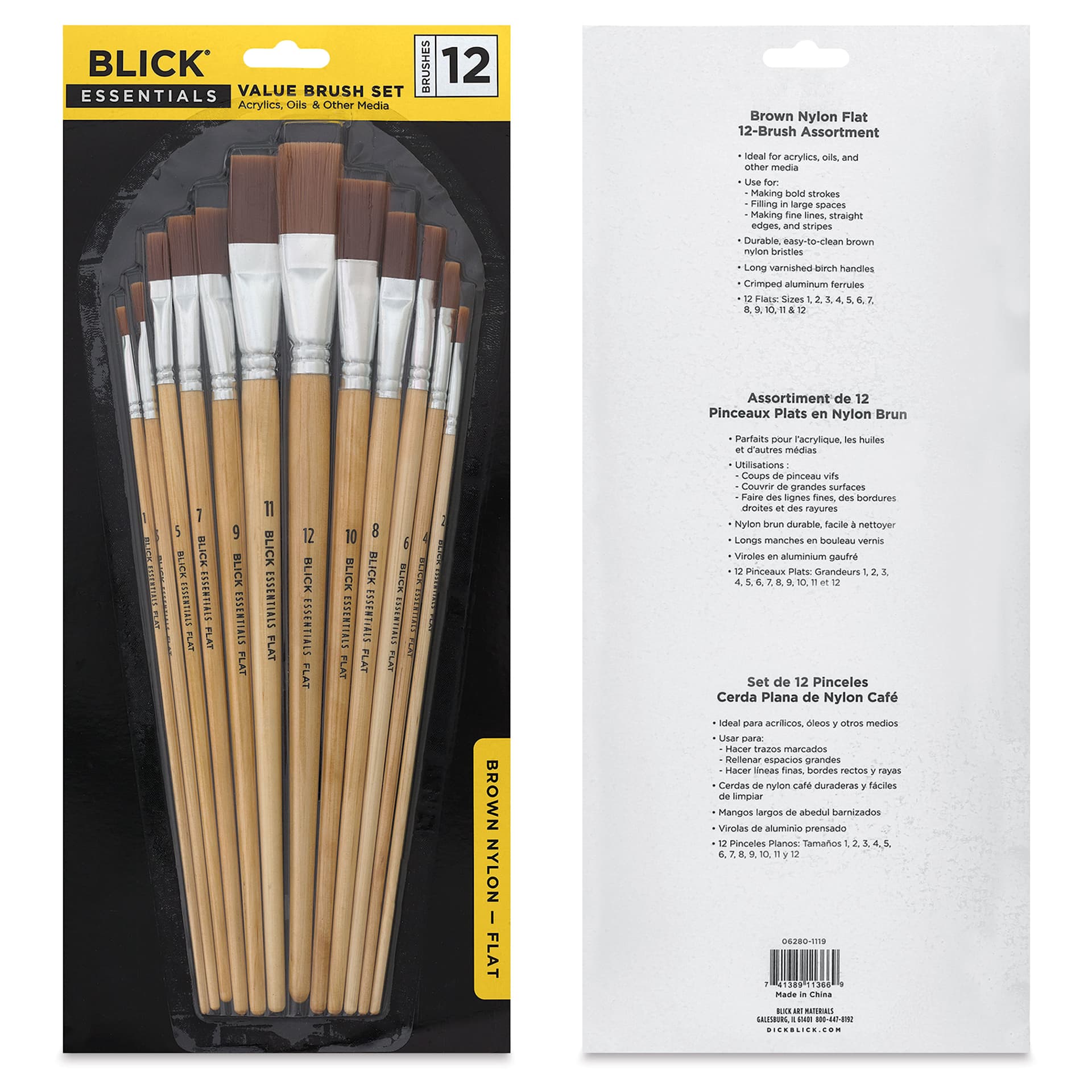 Blick Essentials Value Brush Set - Flat Brushes, Brown Nylon, Set of 12, front and back of packaging