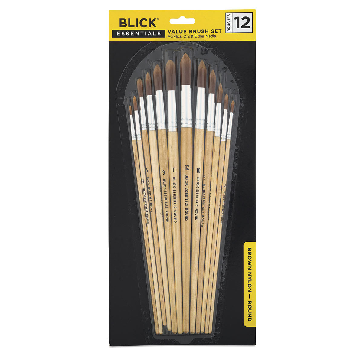 Blick Essentials Brown Nylon Value Brush Set, Round Brushes, Brown Nylon, Set of 12. In package. Blick Essentials Brown Nylon Value Brush Set, Round Brushes, Brown Nylon, Set of 12. In package.