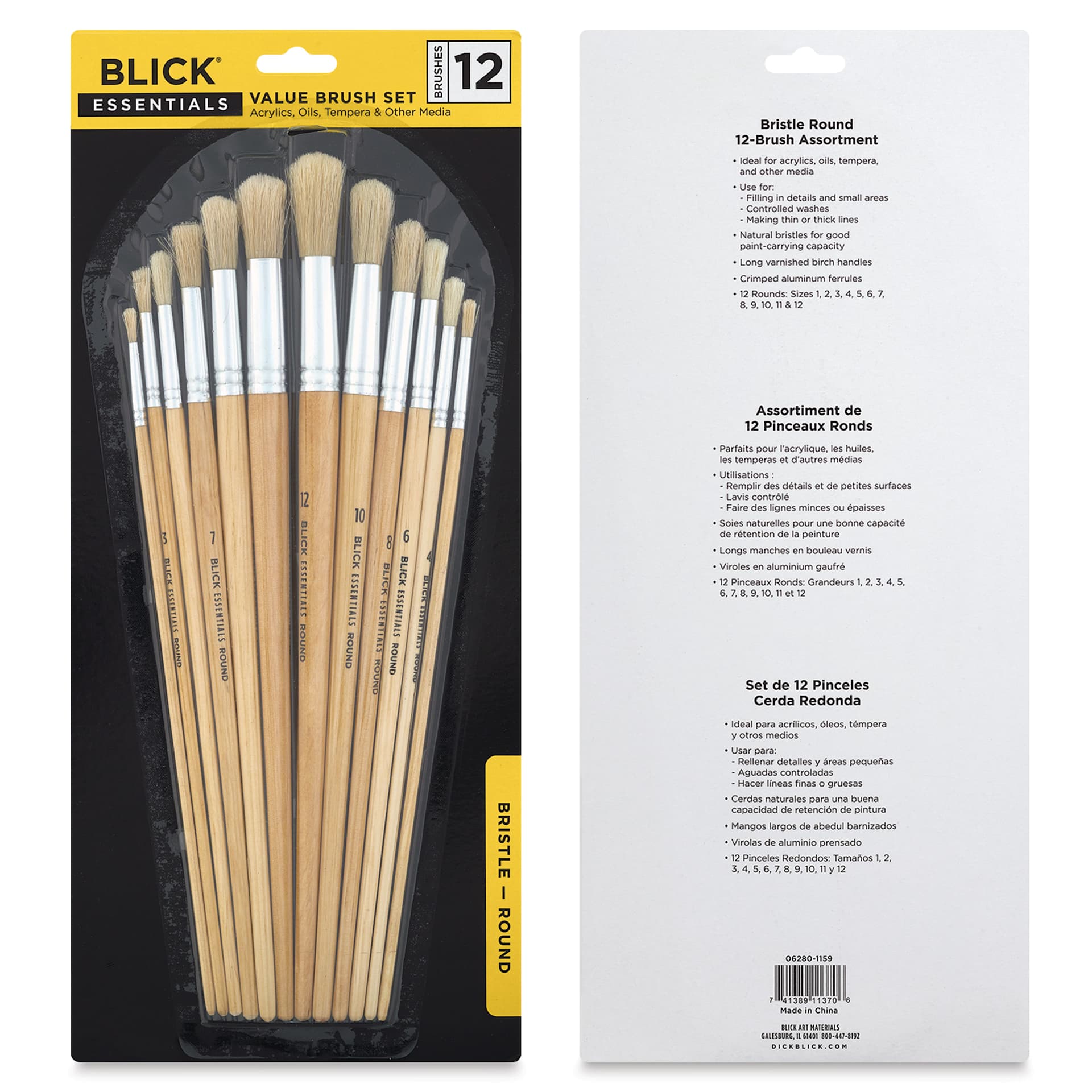 Blick Essentials Value Brush Set - Round Brushes, Bristle, Set of 12, front and back of packaging