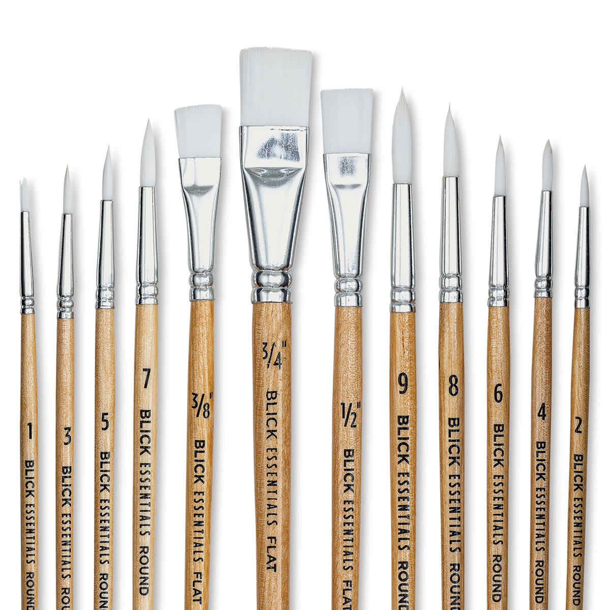 Blick Essentials Value Brush Set - Assorted Brushes, White Nylon, Set of 12 (close-up of brushes)
