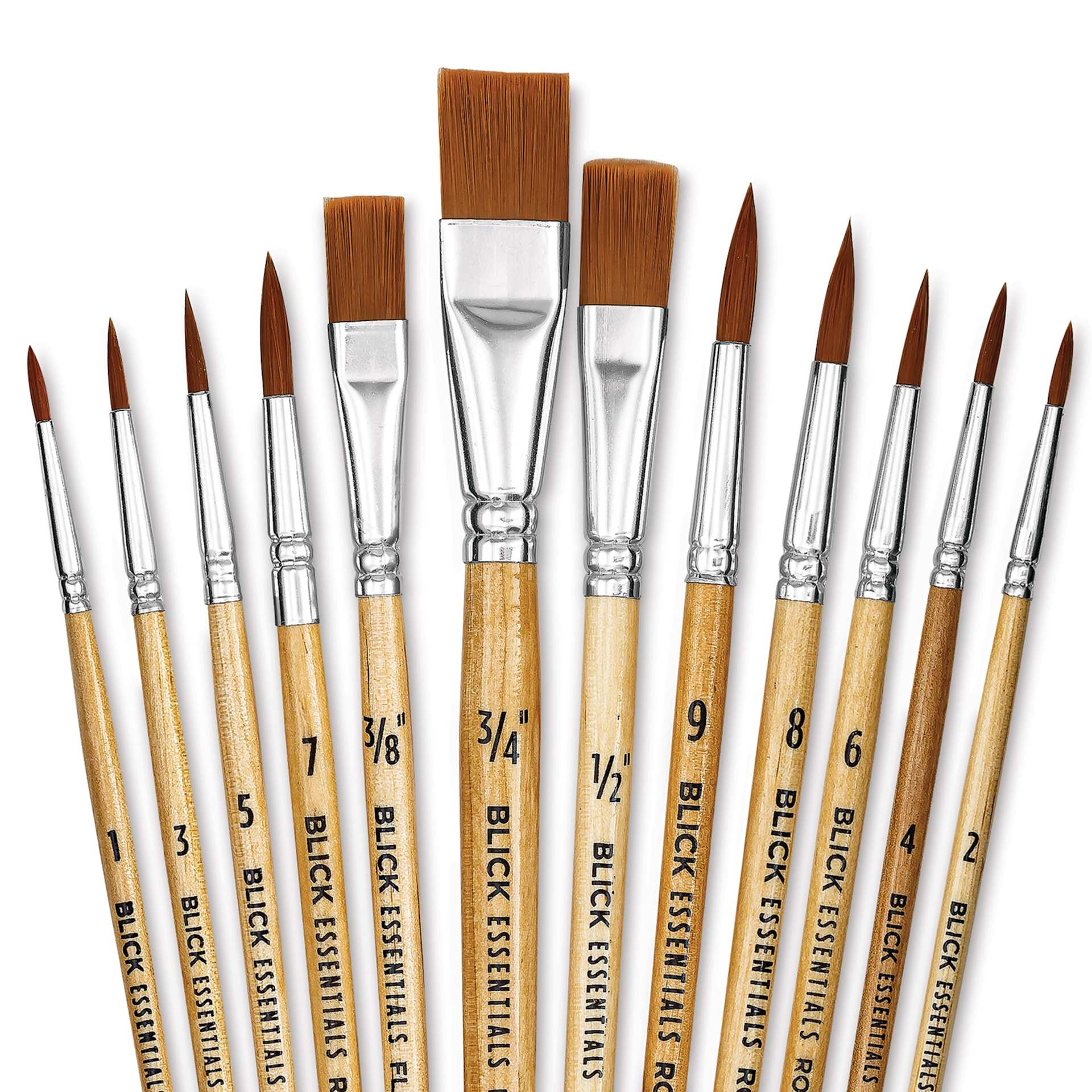 Blick Essentials Value Brush Set - Assorted Brushes, Brown Nylon, Set of 12, close up