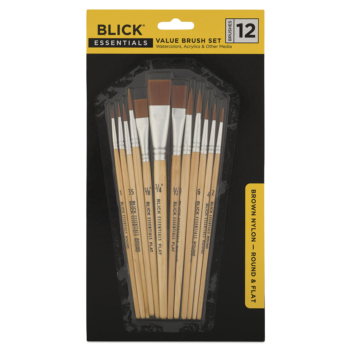 Blick Essentials Brown Nylon Value Brush Set, Assorted set of 12, Short handle. In package. Blick Essentials Brown Nylon Value Brush Set, Assorted set of 12, Short handle. In package.