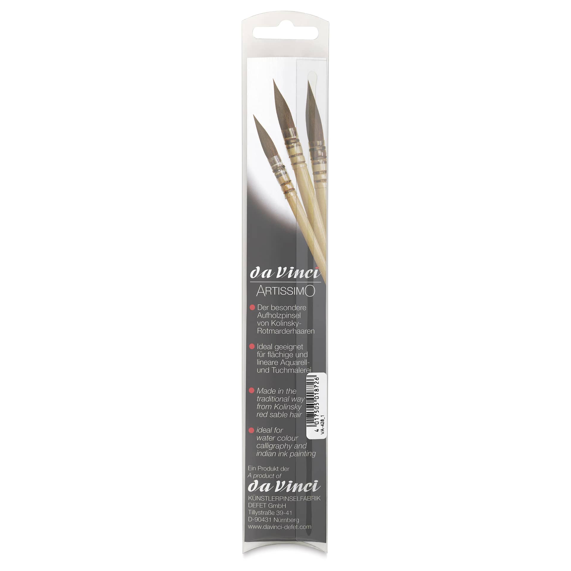  Da Vinci Artissimo Kolinsky Red Sable Brush - Quill, Size 1, back of the packaging