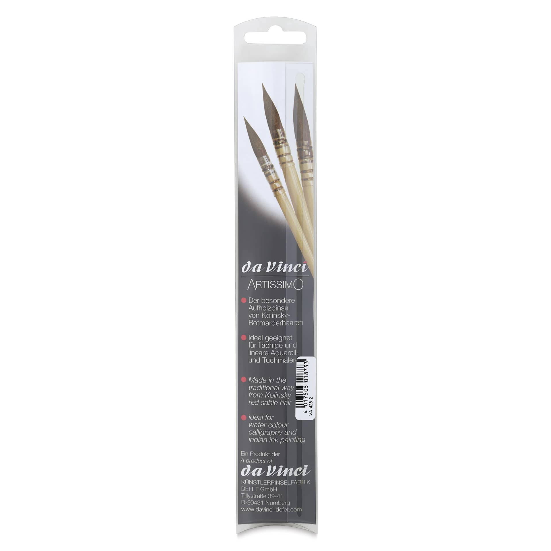  Da Vinci Artissimo Kolinsky Red Sable Brush - Quill, Size 2, back of the packaging