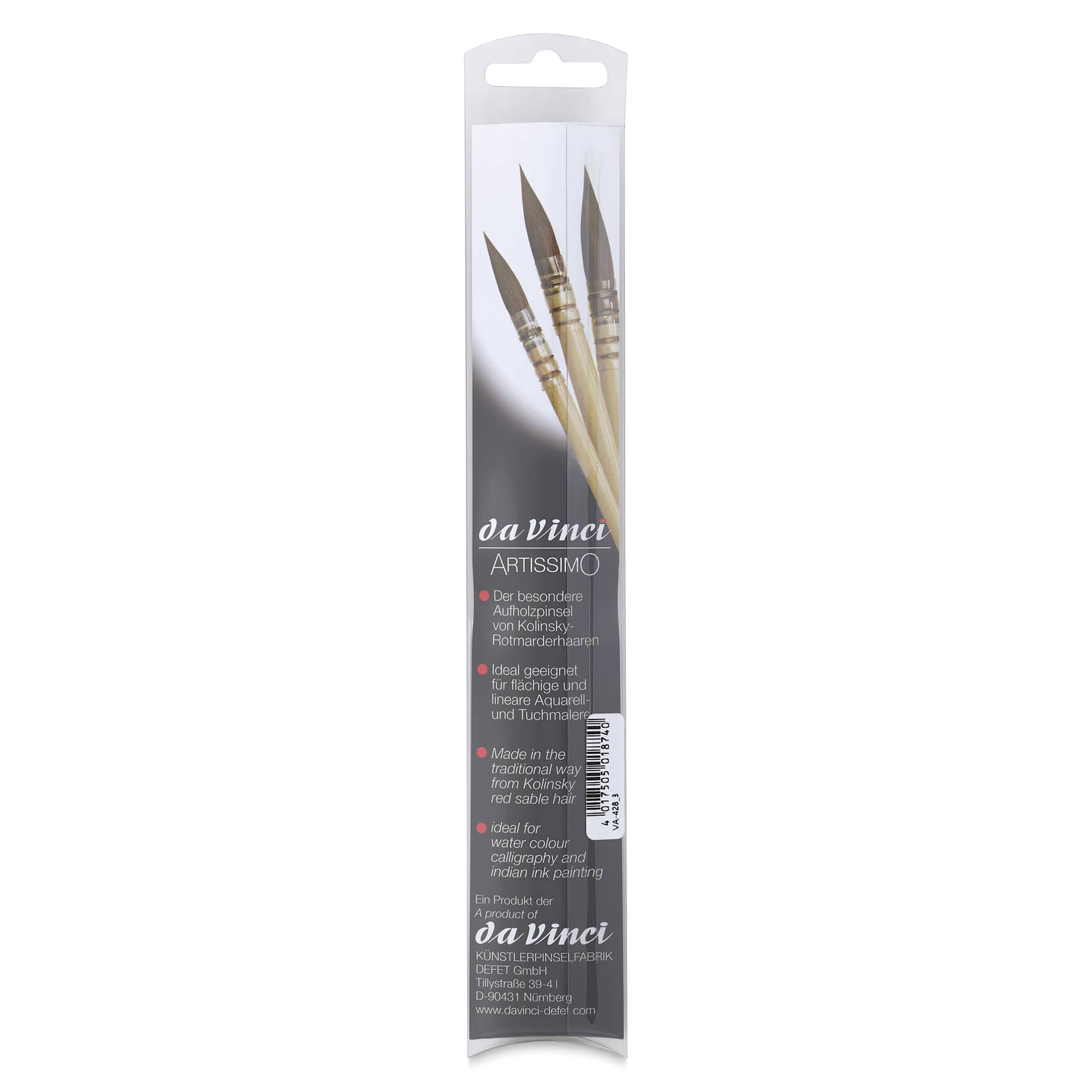  Da Vinci Artissimo Kolinsky Red Sable Brush - Quill, Size 3, back of the packaging