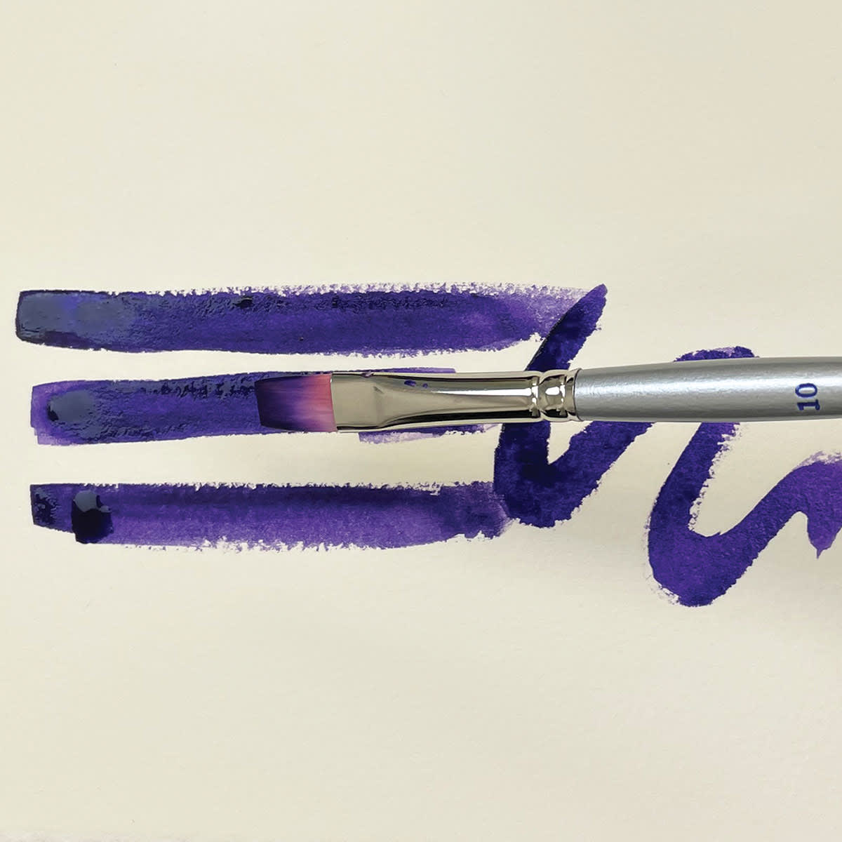 Silverwhite Soft Synthetic Brush - Closeup of Bright brush used to paint purple lines