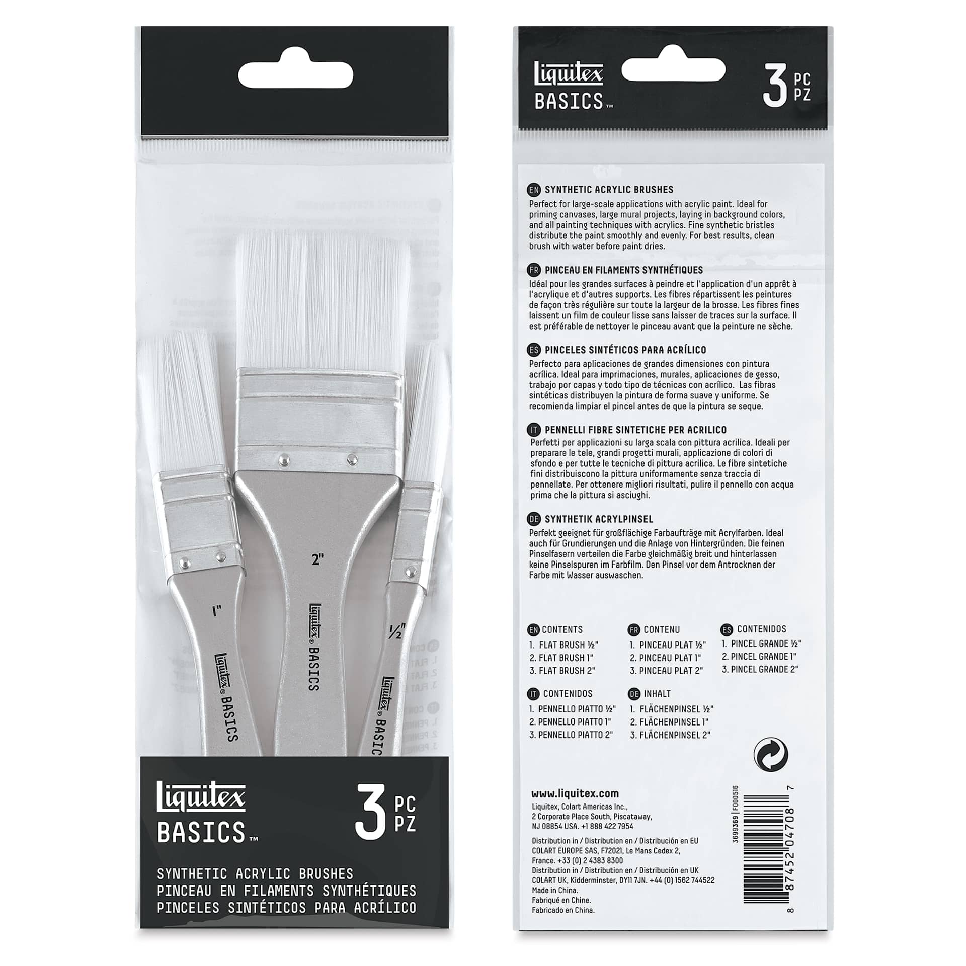 Liquitex Basics Synthetic Brushes - Large Scale Flat, Short Handle, Set of 3, packaging