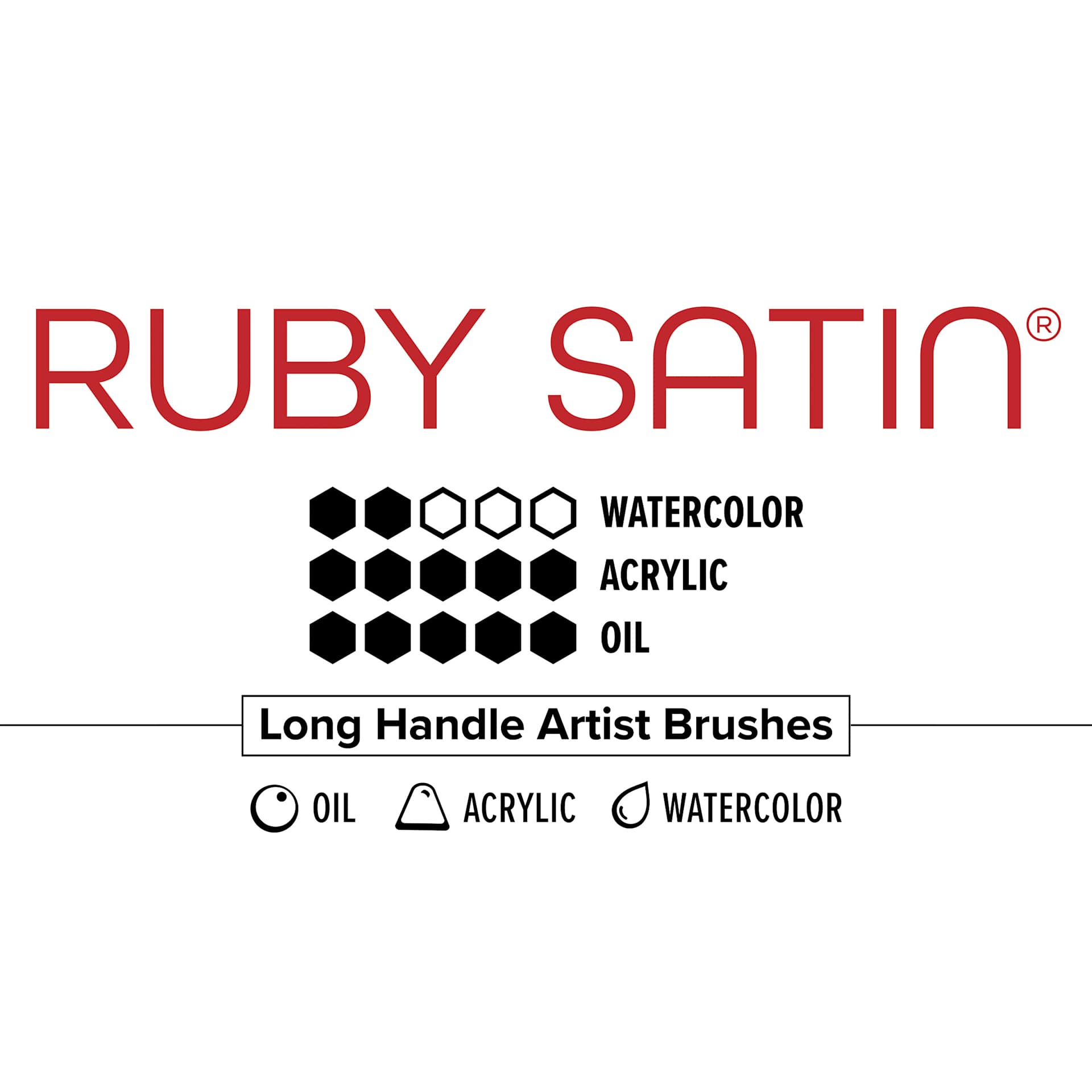 Ruby Satin long handle brush chart for watercolor, acrylic and oil paints