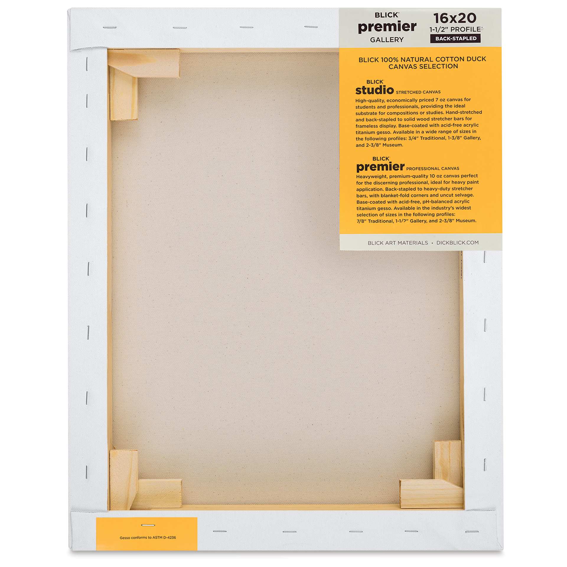 Blick Premier Stretched Cotton Canvas - Gallery Profile, Back-Stapled, 16" x 20" back