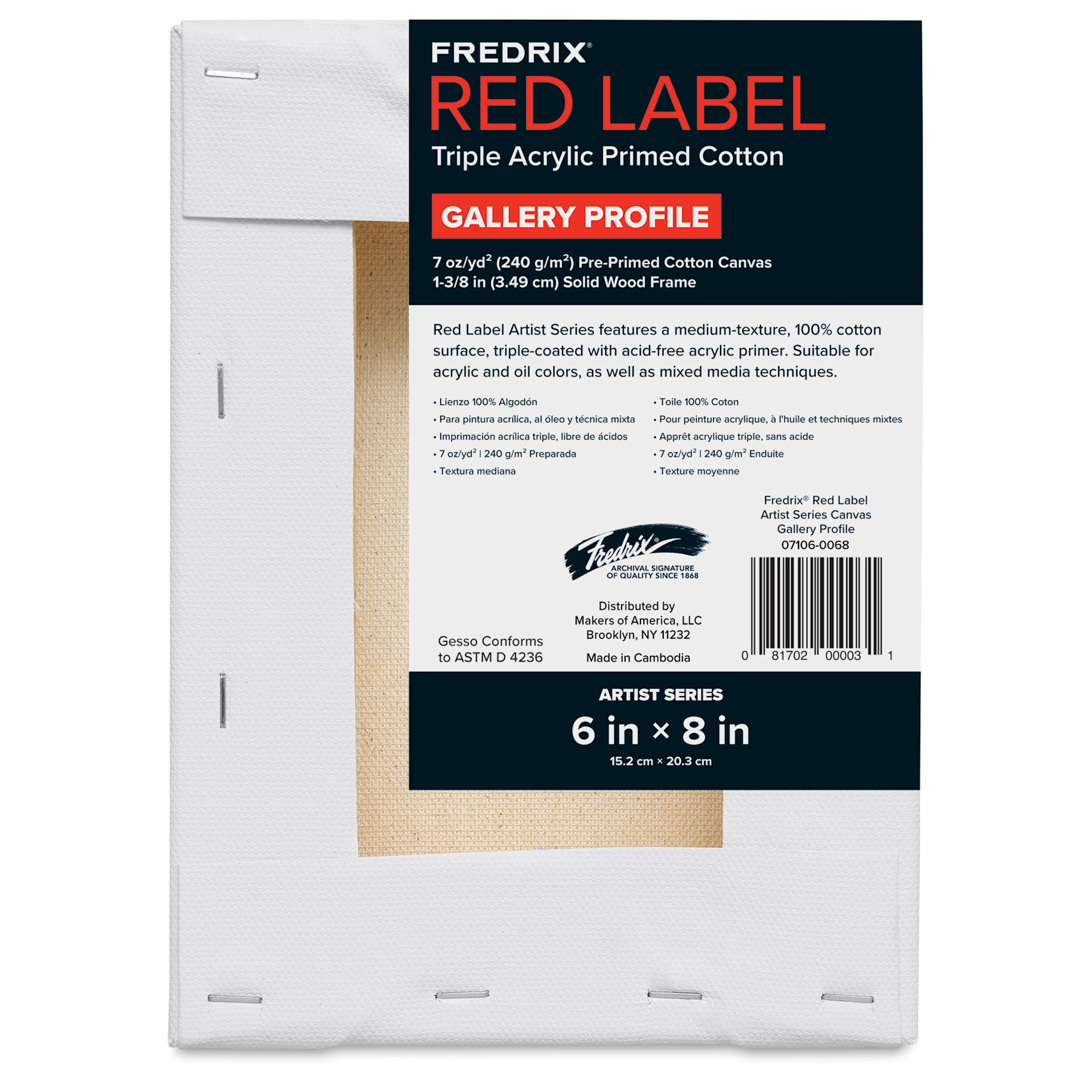 Fredrix Red Label Cotton Canvas - 6" x 8", Gallerywrap, back of packaging