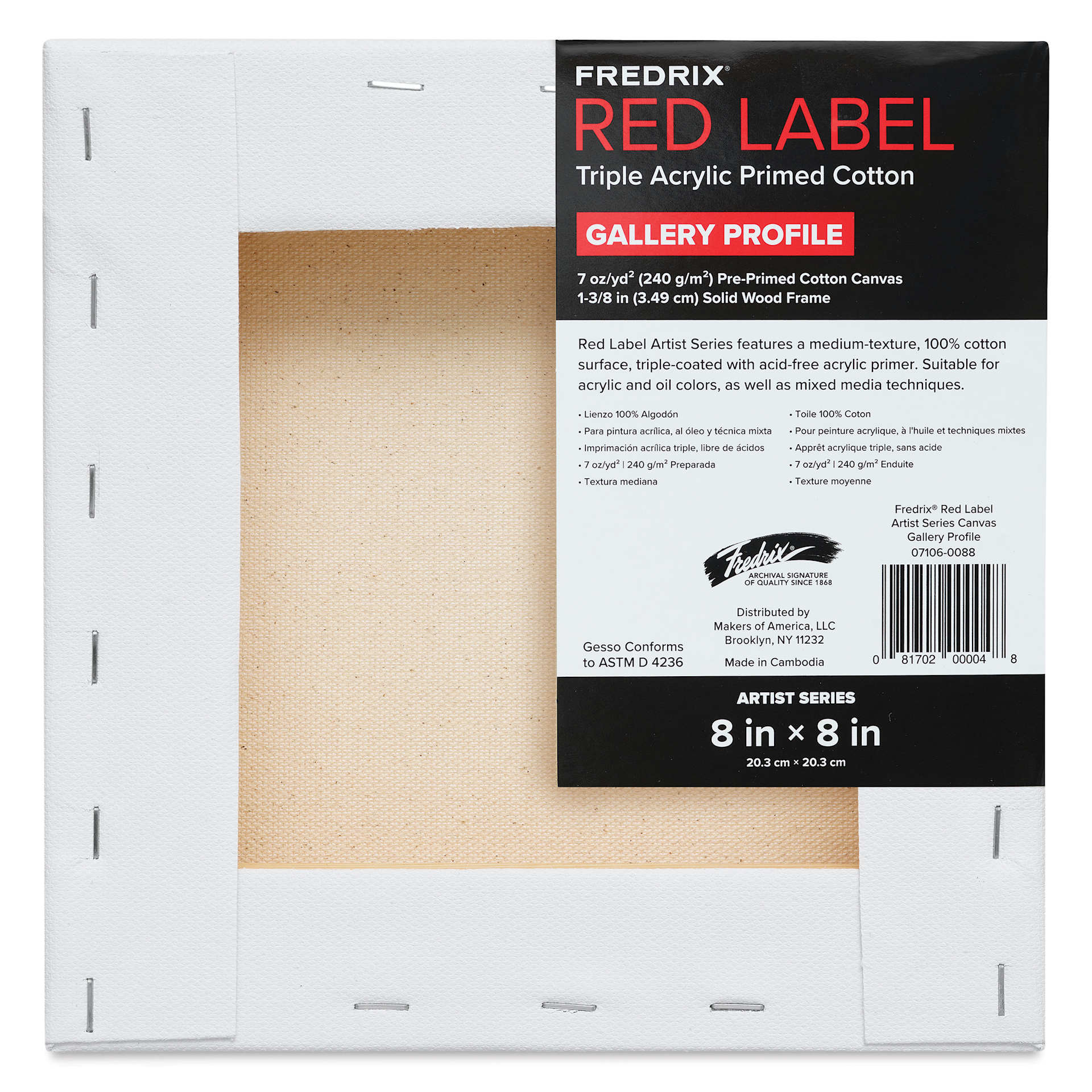 Fredrix Red Label Cotton Canvas - 8" x 8", Gallerywrap, back of packaging