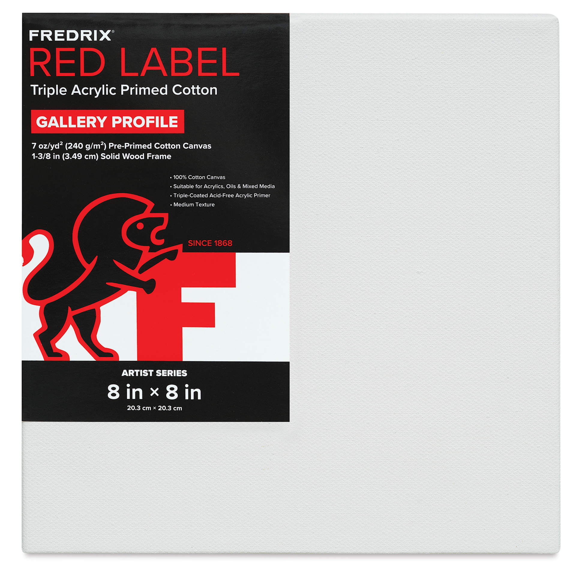 Fredrix Red Label Cotton Canvas - 8" x 8", Gallerywrap, front of packaging