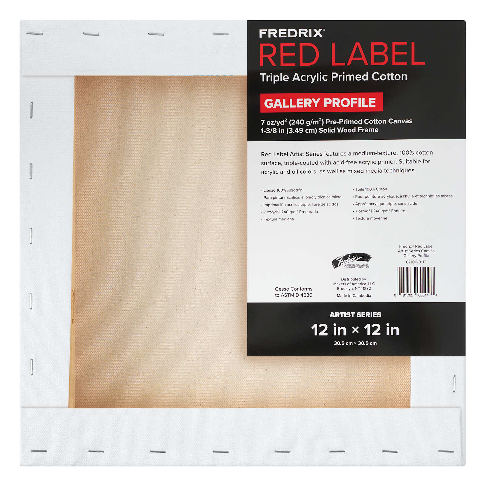 Fredrix Red Label Cotton Canvas - 12" x 12", Gallerywrap, back of packaging