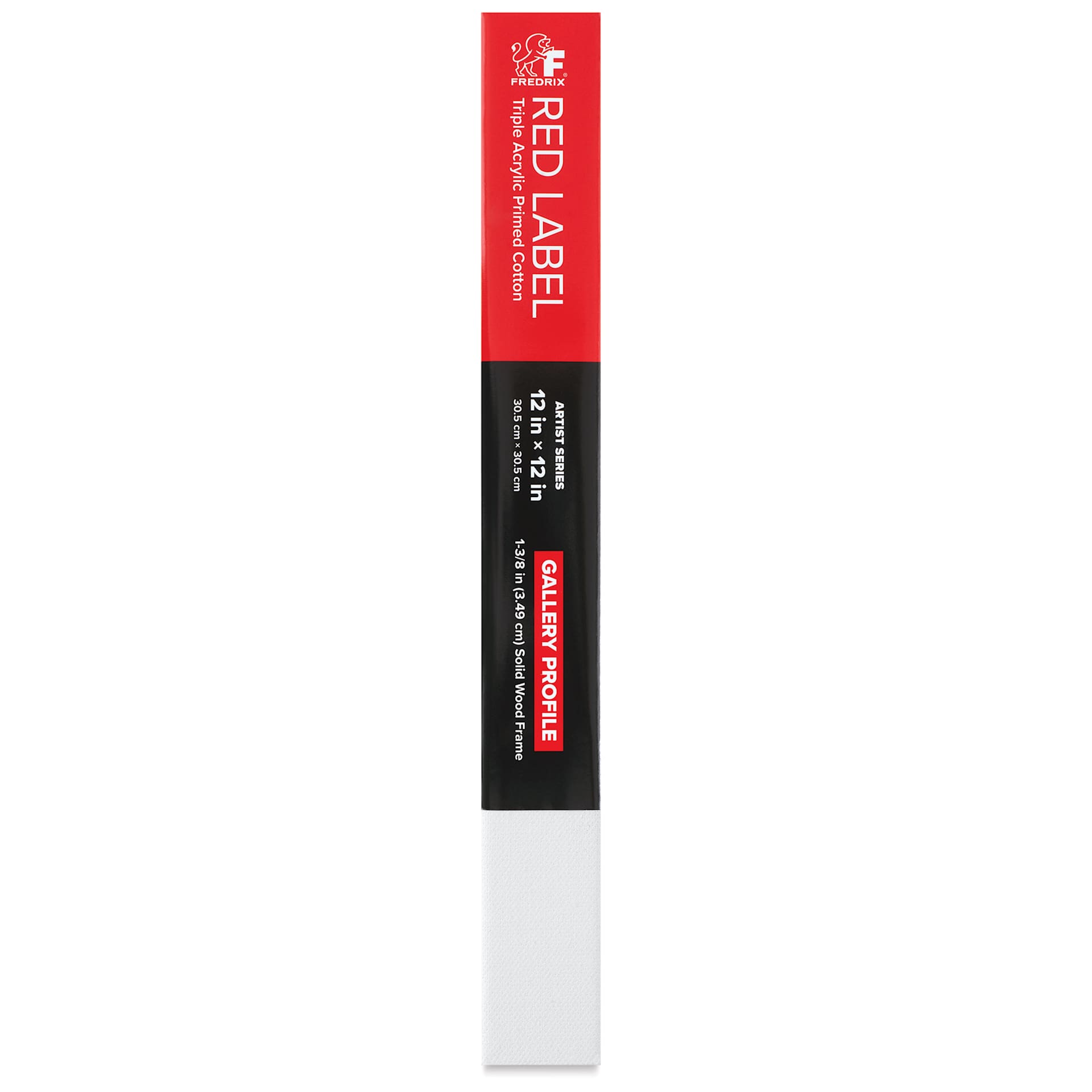 Fredrix Red Label Cotton Canvas - 12" x 12", Gallerywrap, side of packaging