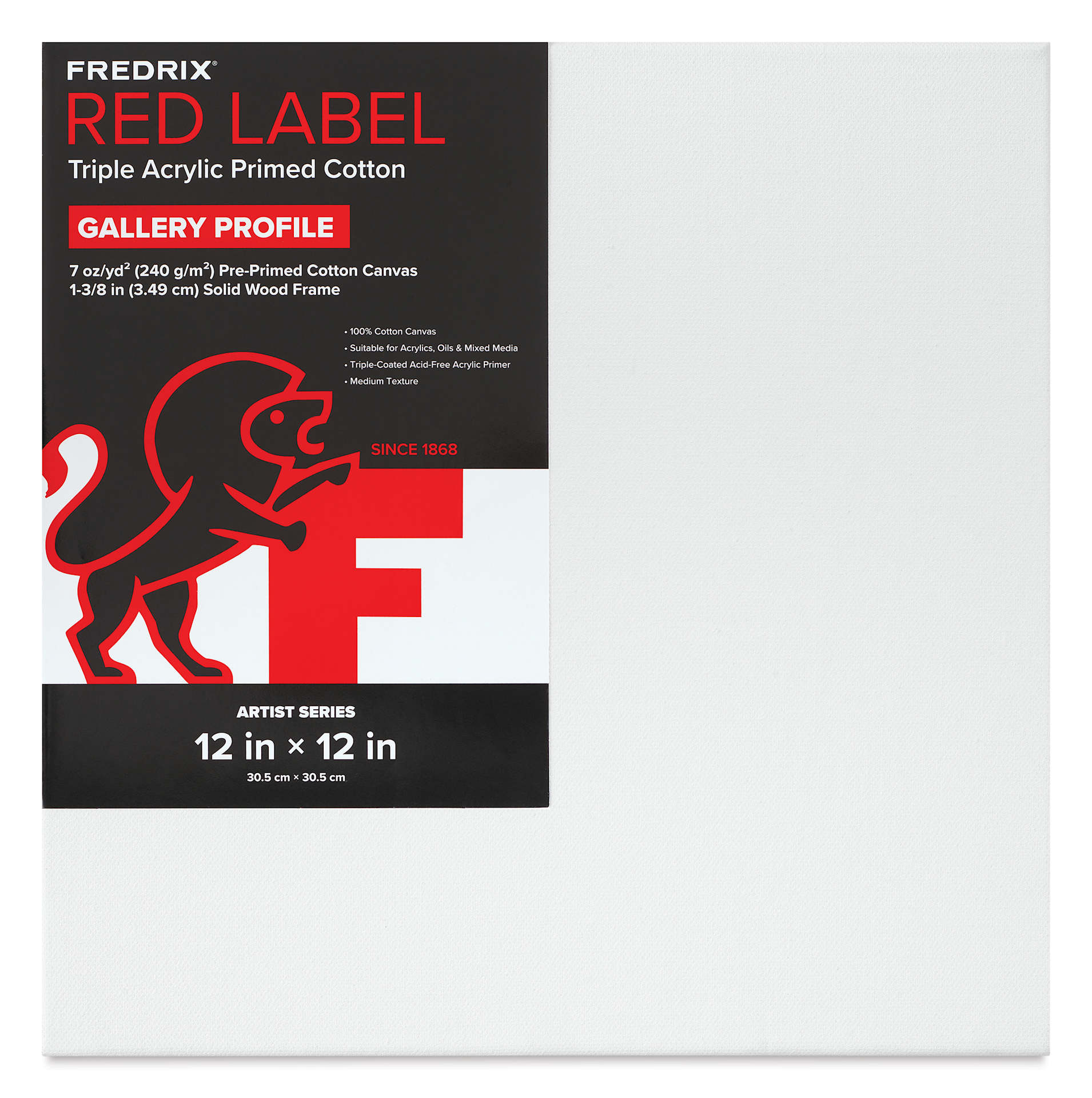 Fredrix Red Label Cotton Canvas - 12" x 12", Gallerywrap, front of packaging