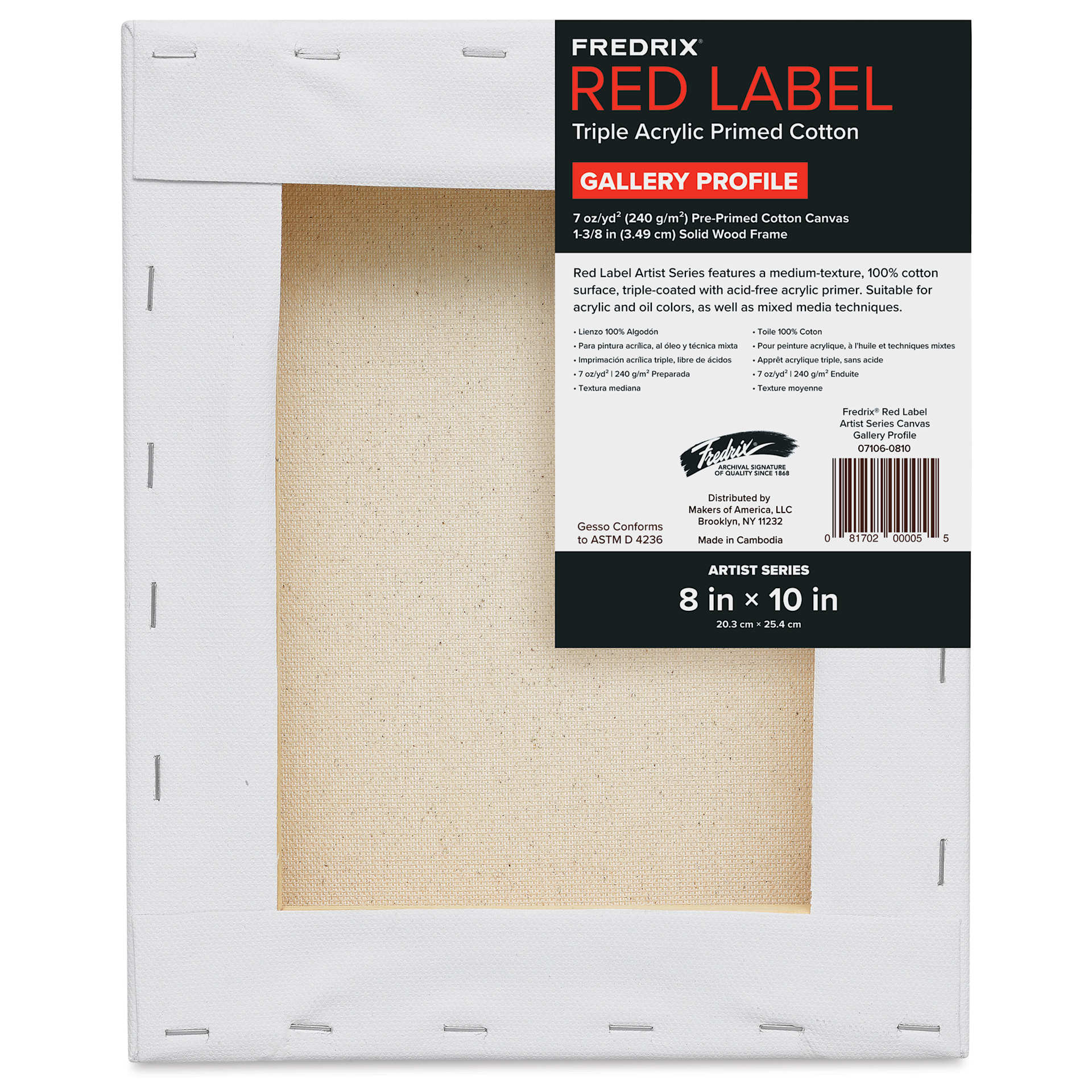 Fredrix Red Label Cotton Canvas - 8" x 10", Gallerywrap, back of packaging