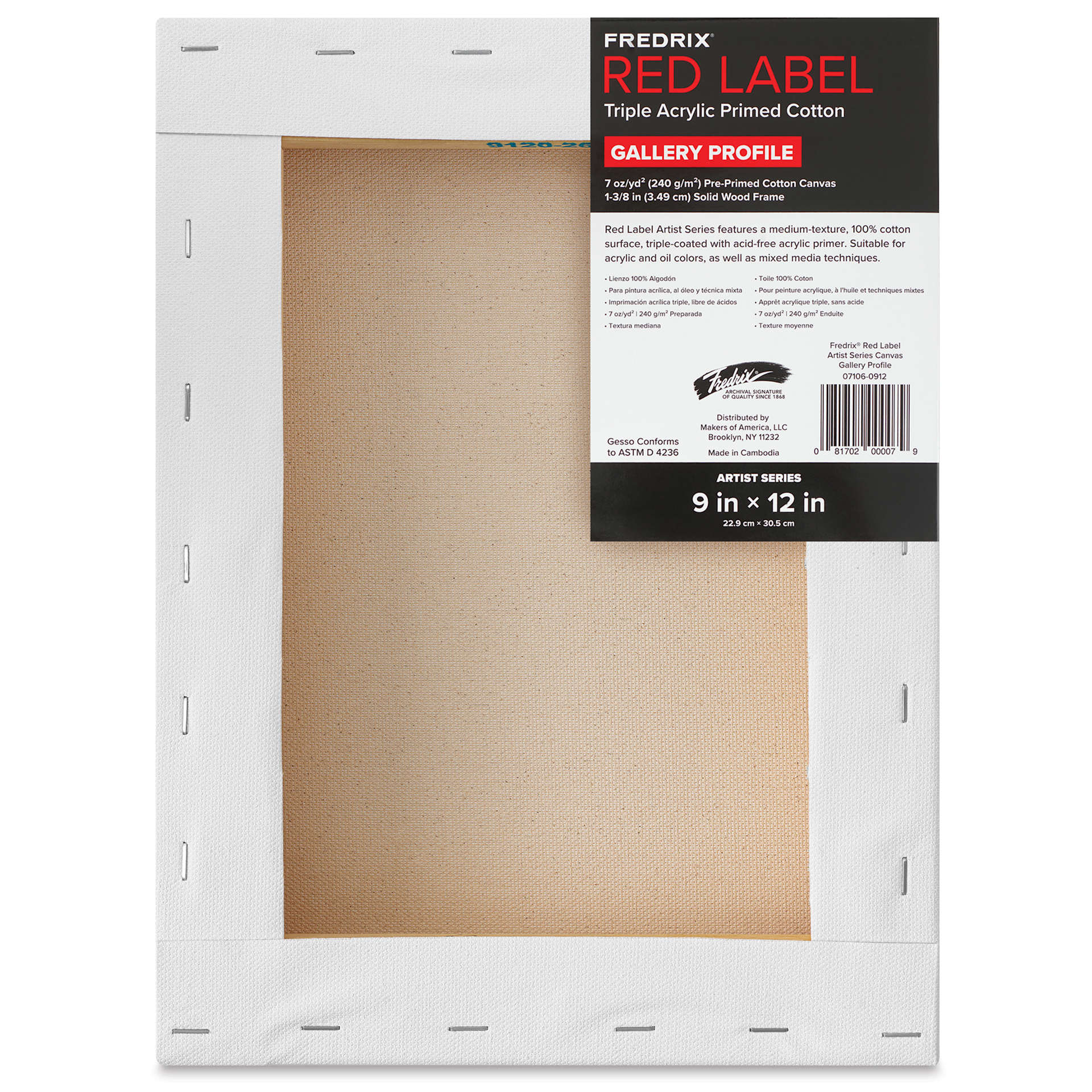 Fredrix Red Label Cotton Canvas - 9" x 12", Gallerywrap, back of packaging