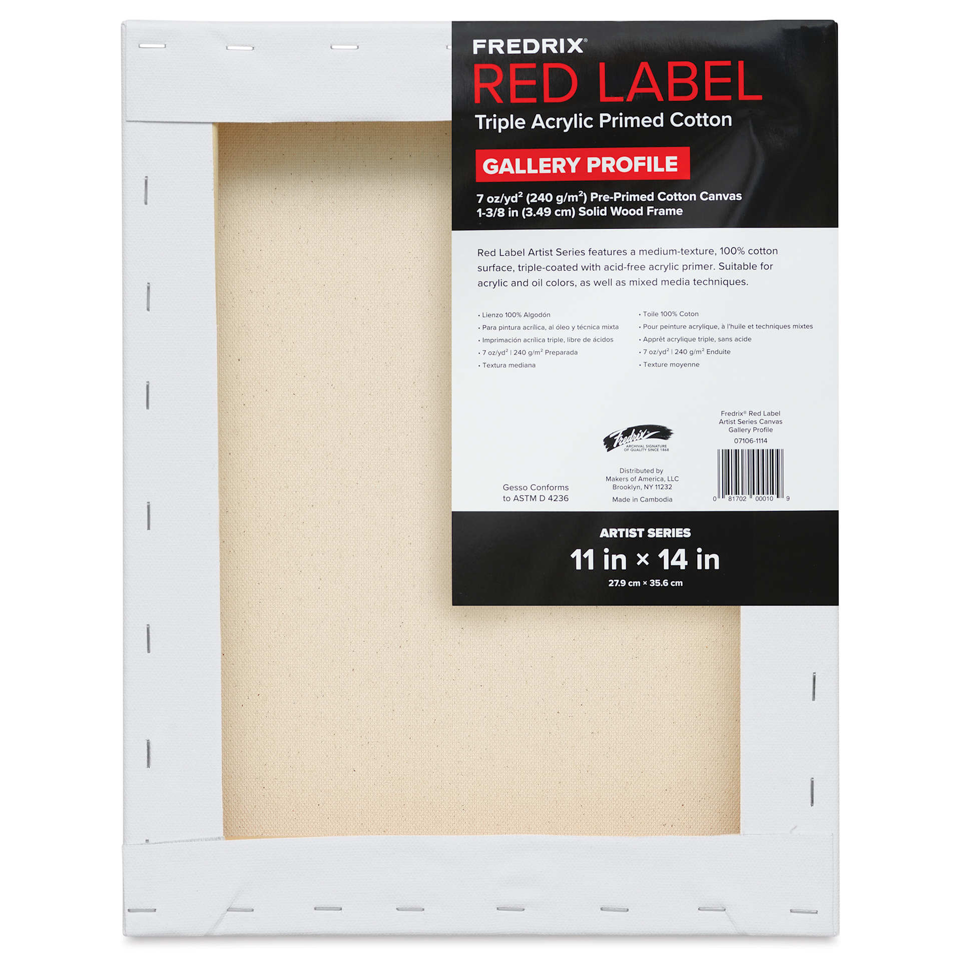 Fredrix Red Label Cotton Canvas - 11" x 14", Gallerywrap, back of packaging