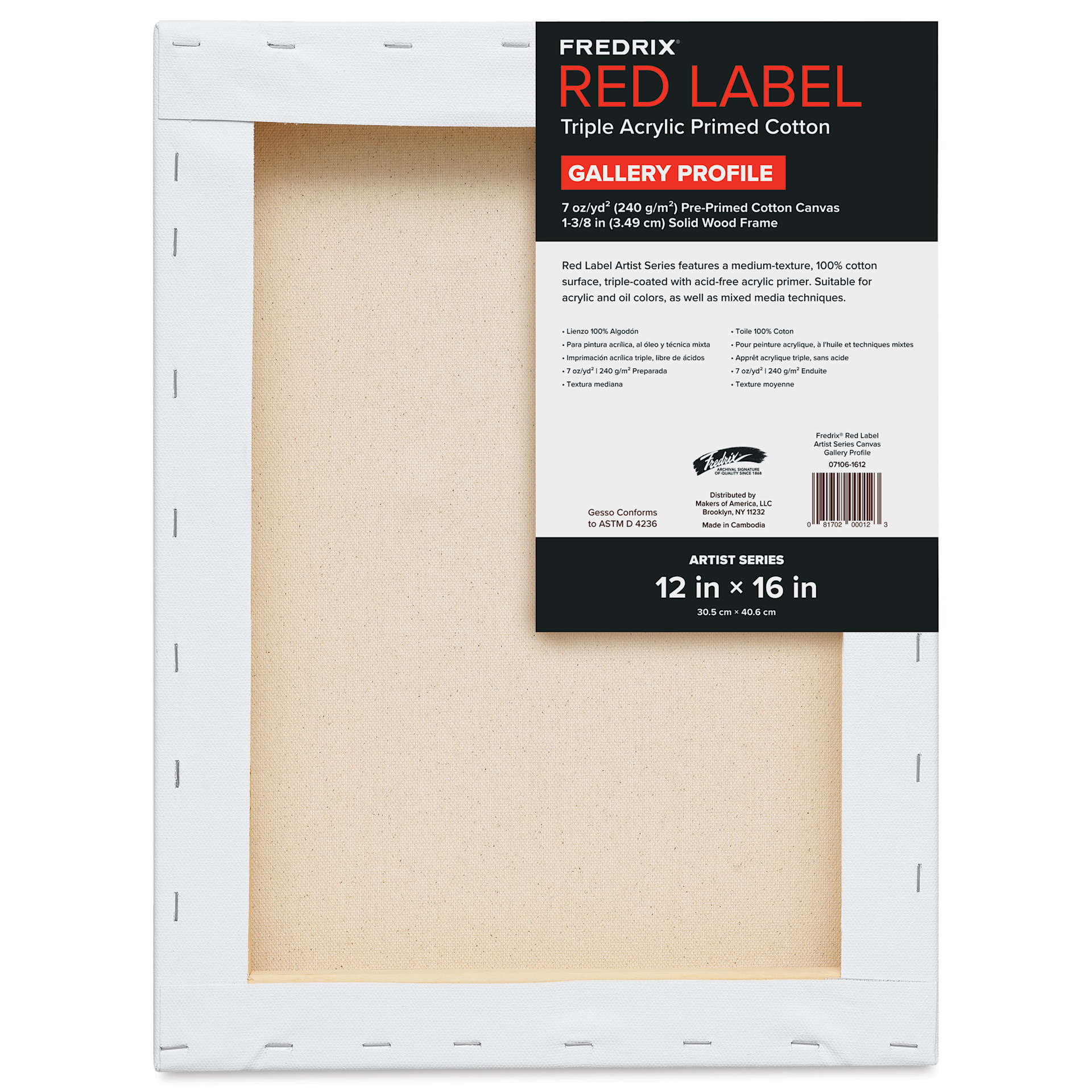 Fredrix Red Label Cotton Canvas - 12" x 16", Gallerywrap, back of packaging