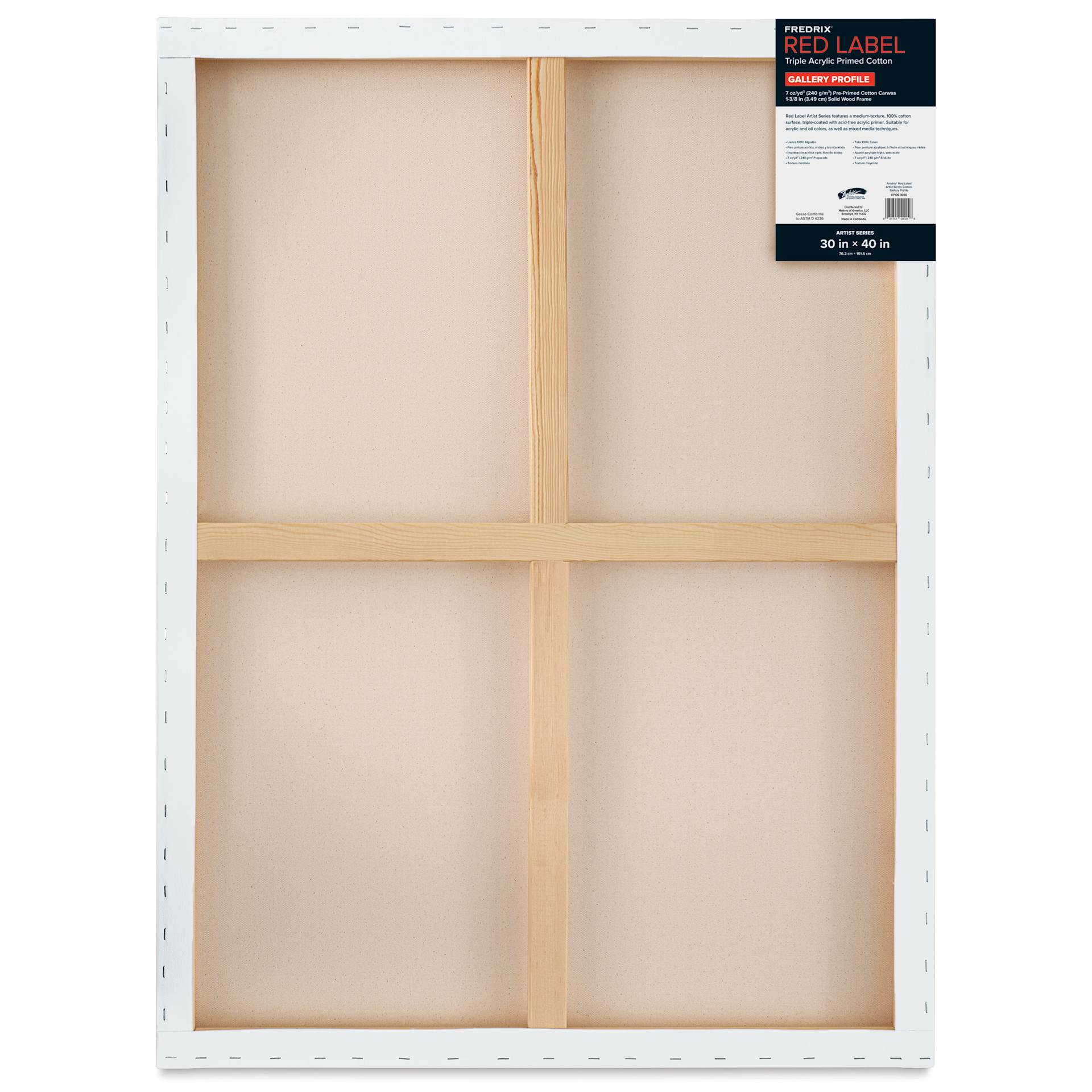 Fredrix Red Label Cotton Canvas - 30" x 40", Gallerywrap, back of packaging