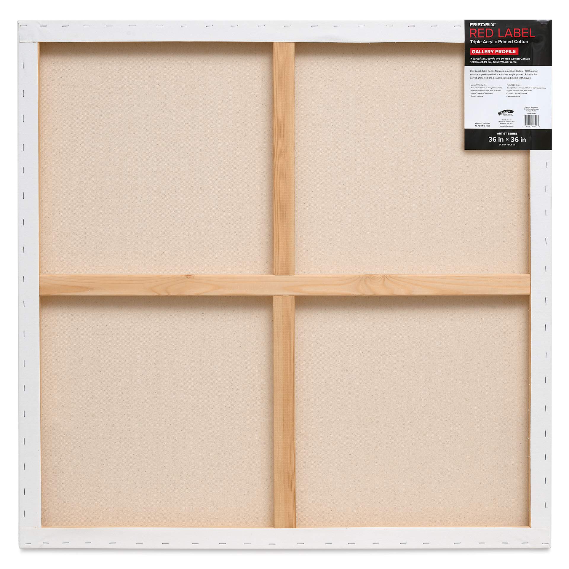 Fredrix Red Label Cotton Canvas - 36" x 36", Gallerywrap, back of packaging