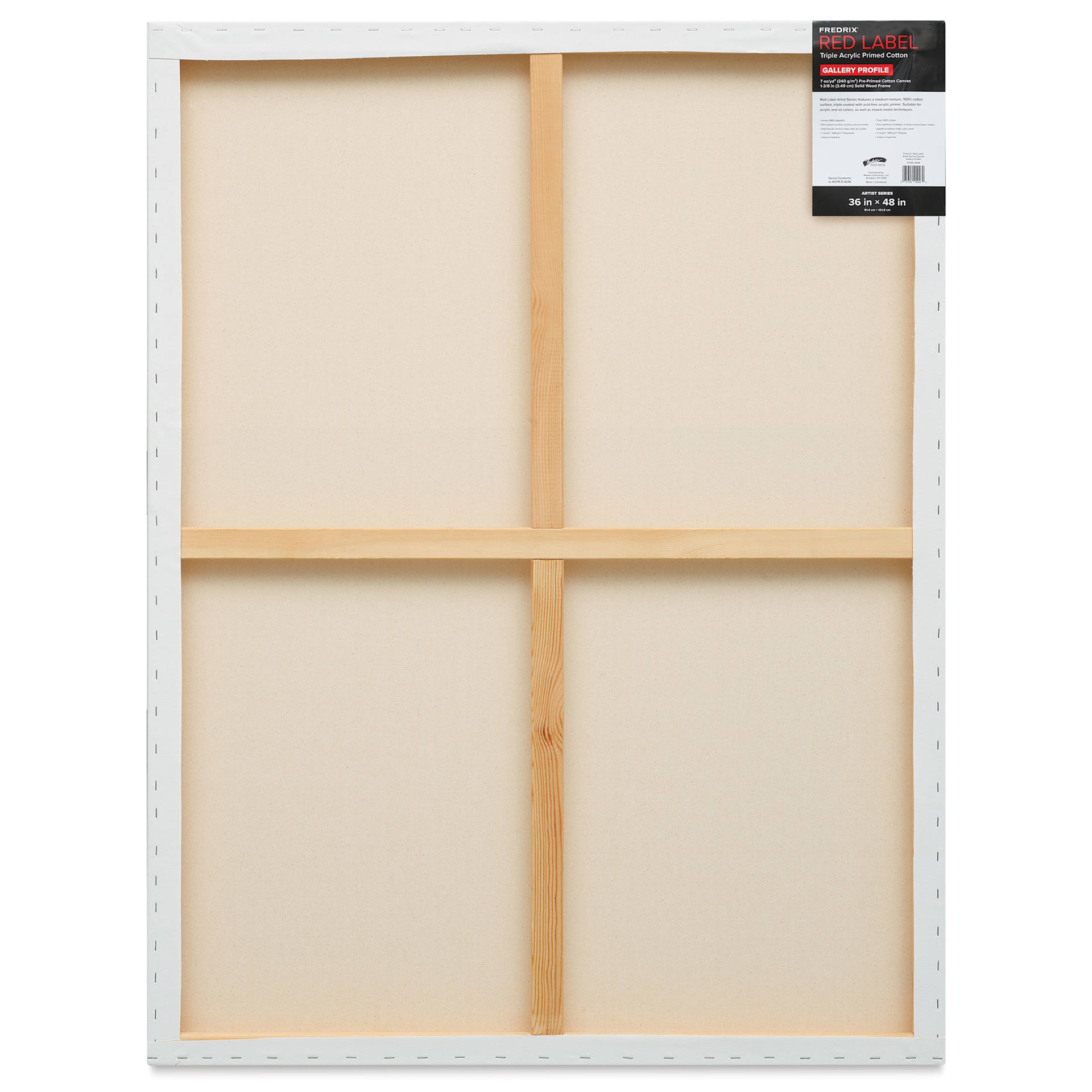 Fredrix Red Label Cotton Canvas - 36" x 48", Gallerywrap, back of packaging