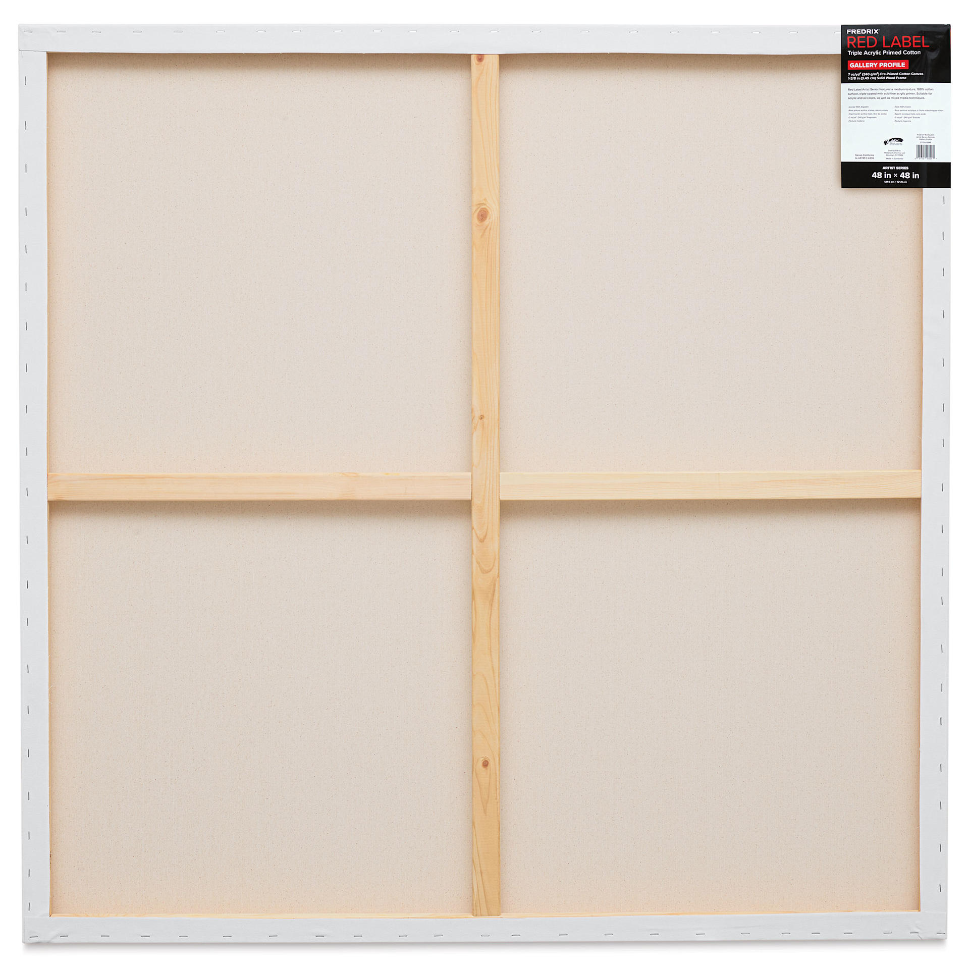 Fredrix Red Label Cotton Canvas - 48" x 48", Gallerywrap, back of packaging