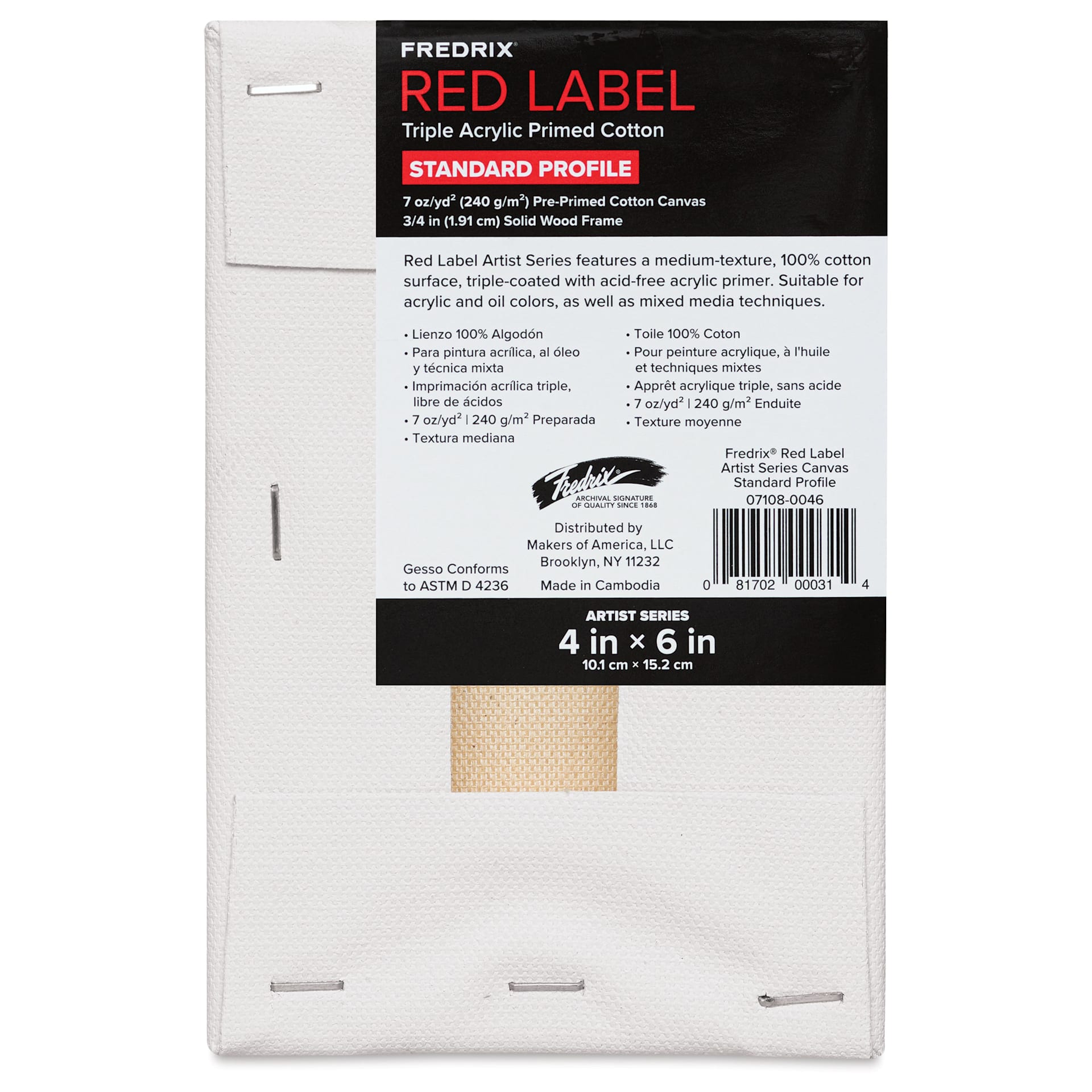 Fredrix Red Label Cotton Canvas - 4" x 6", 3/4" Profile, back of packaging