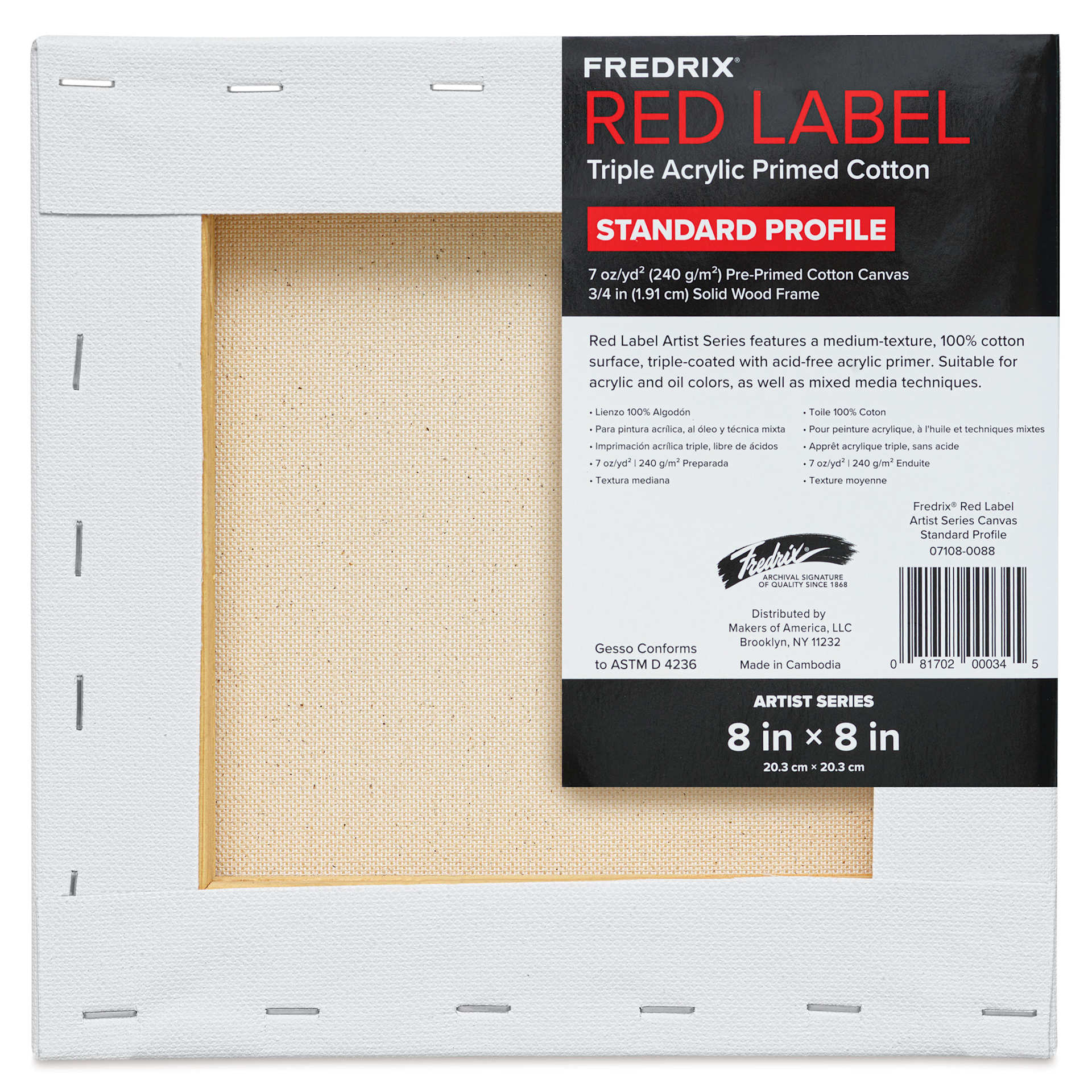 Fredrix Red Label Cotton Canvas - 8" x 8", 3/4" Profile, back of packaging