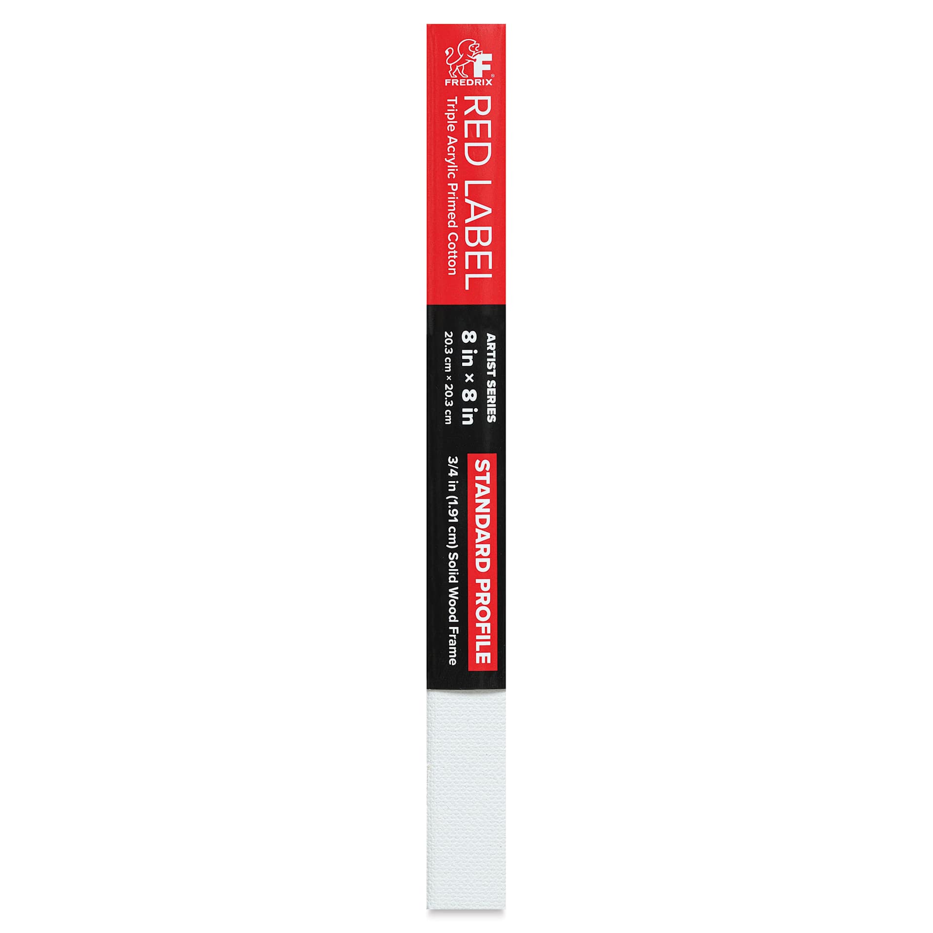 Fredrix Red Label Cotton Canvas - 8" x 8", 3/4" Profile, side of packaging