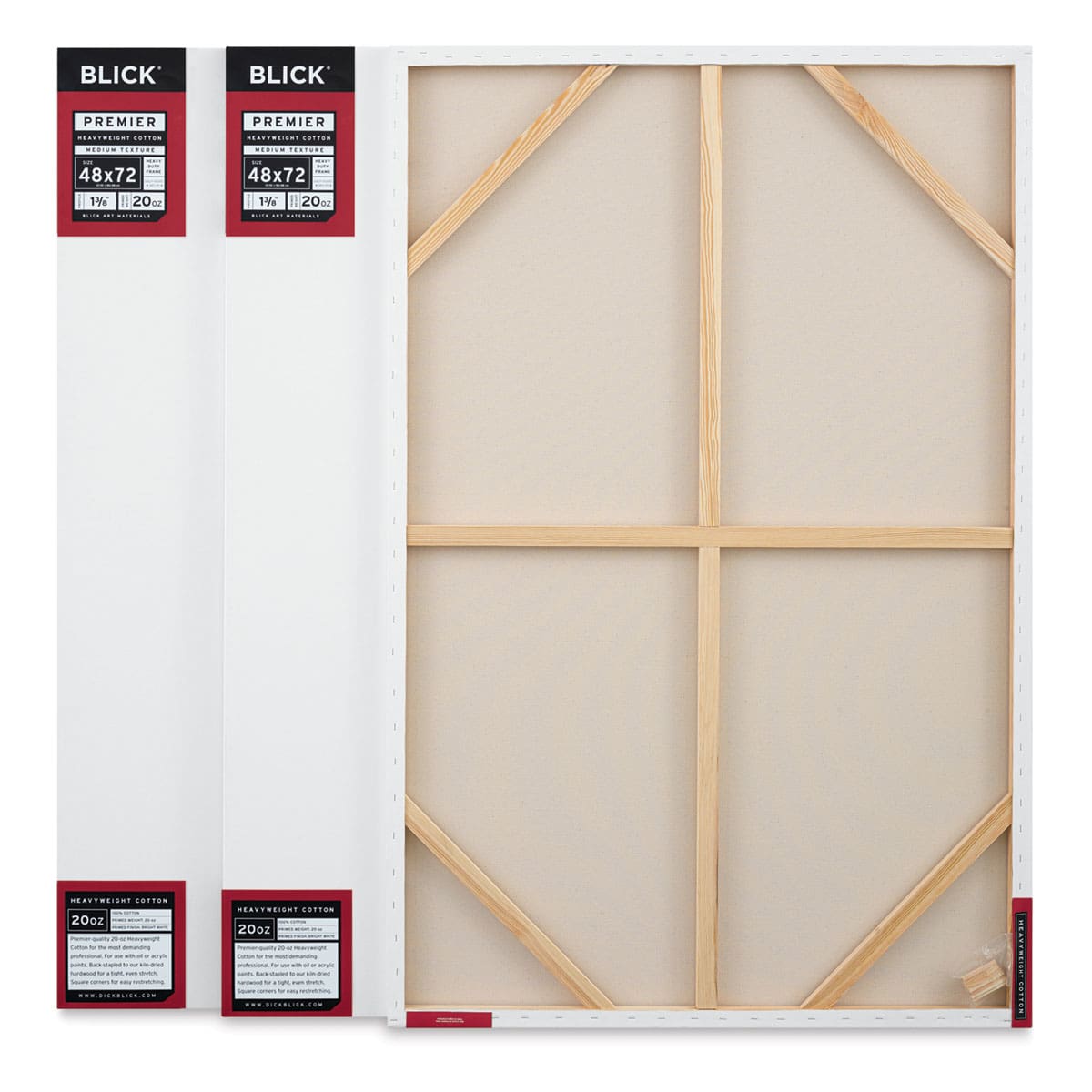 Blick Premier Heavyweight Stretched Cotton Canvas - 48" x 72", 1-3/8" Profile, Pkg of 3 with one canvas showing the back