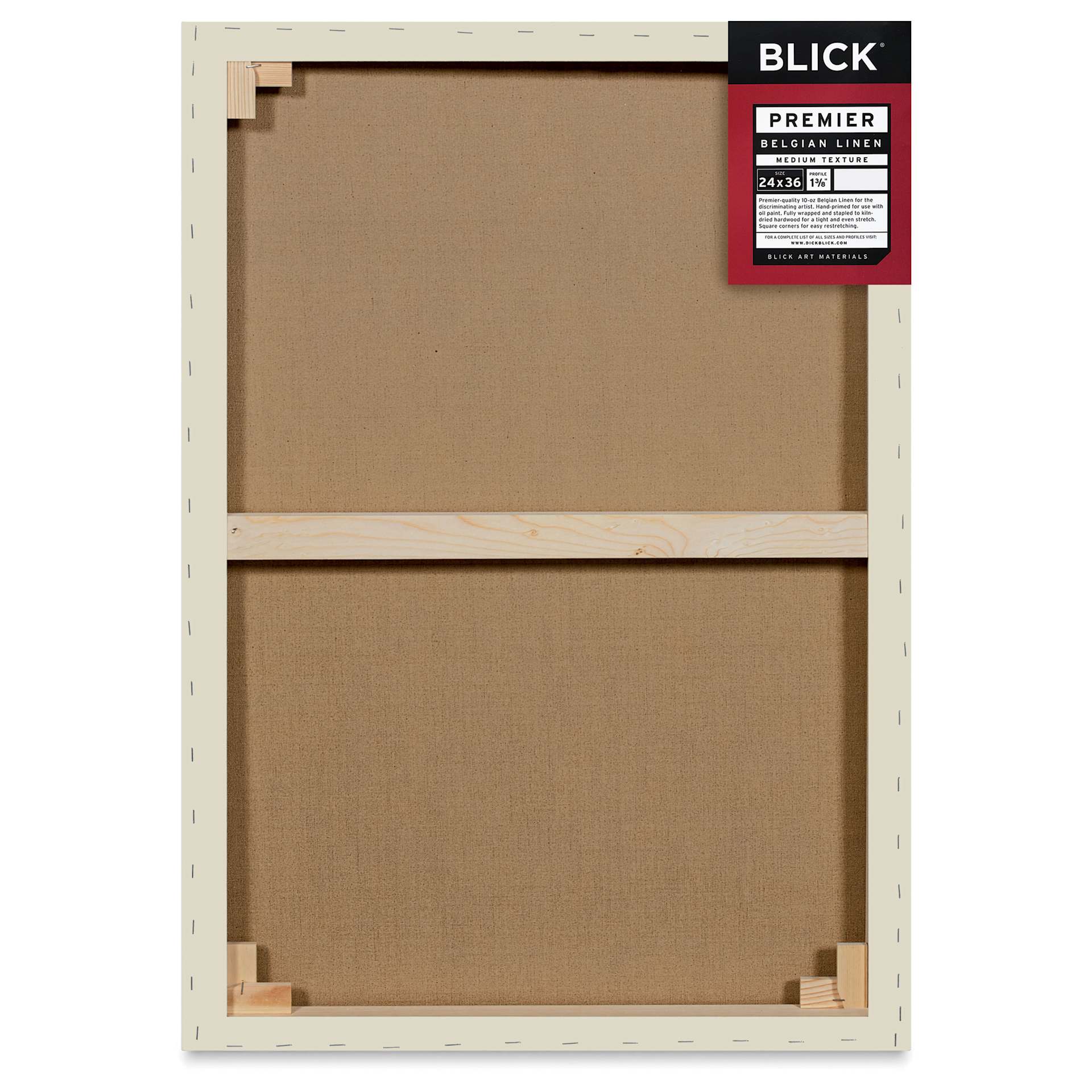 Blick Premier Belgian Linen - 24" x 36", Oil-Primed, 1-3/8" Profile, back with packaging