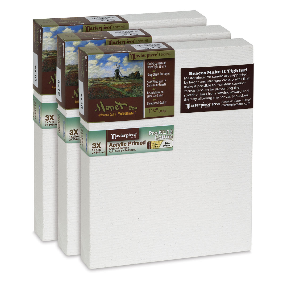 Masterpiece Monet Pro Sausalito Cotton Canvas - Value Pack Set of 3, 8" x 10"