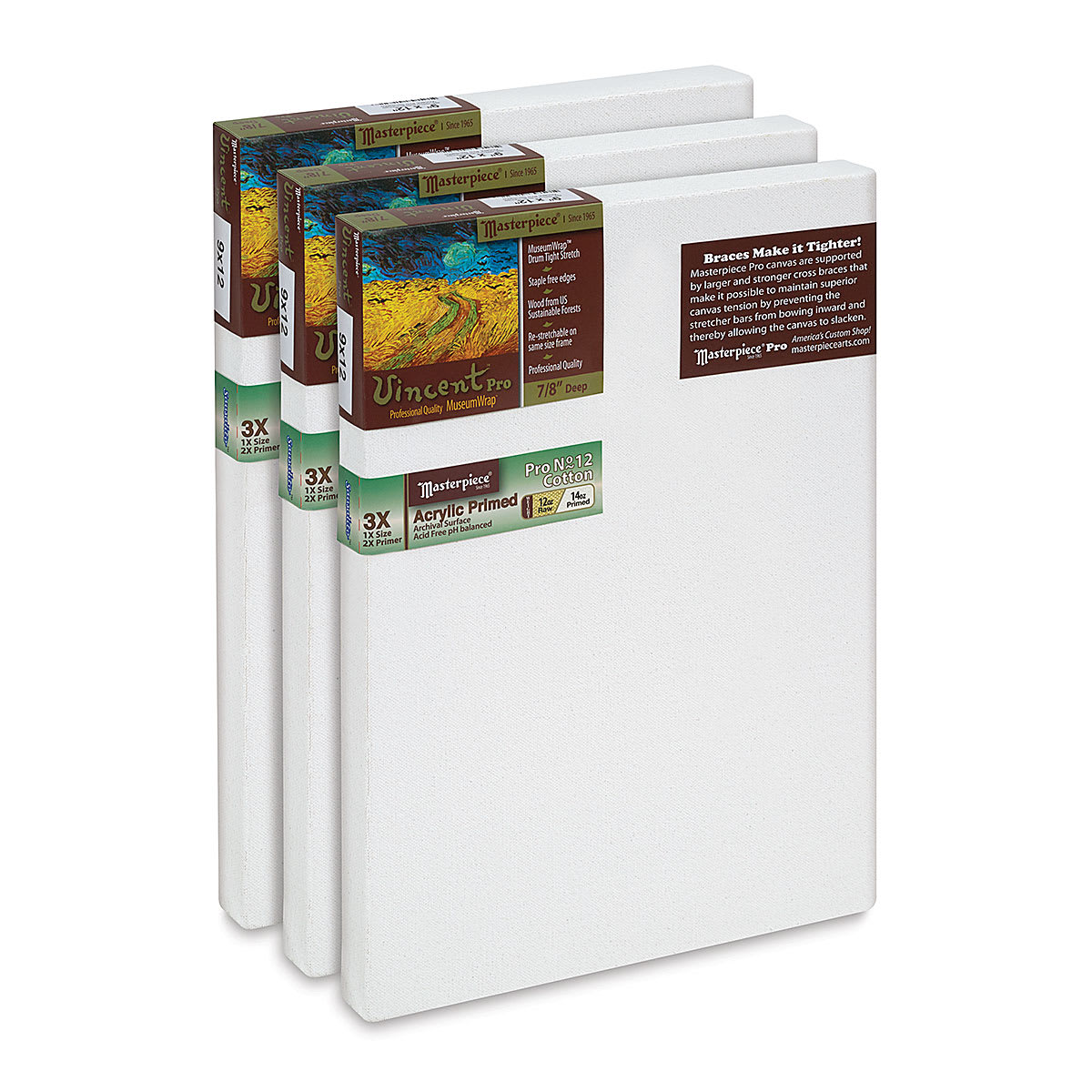 Masterpiece Vincent Pro Sausalito Cotton Canvas - Value Pack of 3, 9" x 12"