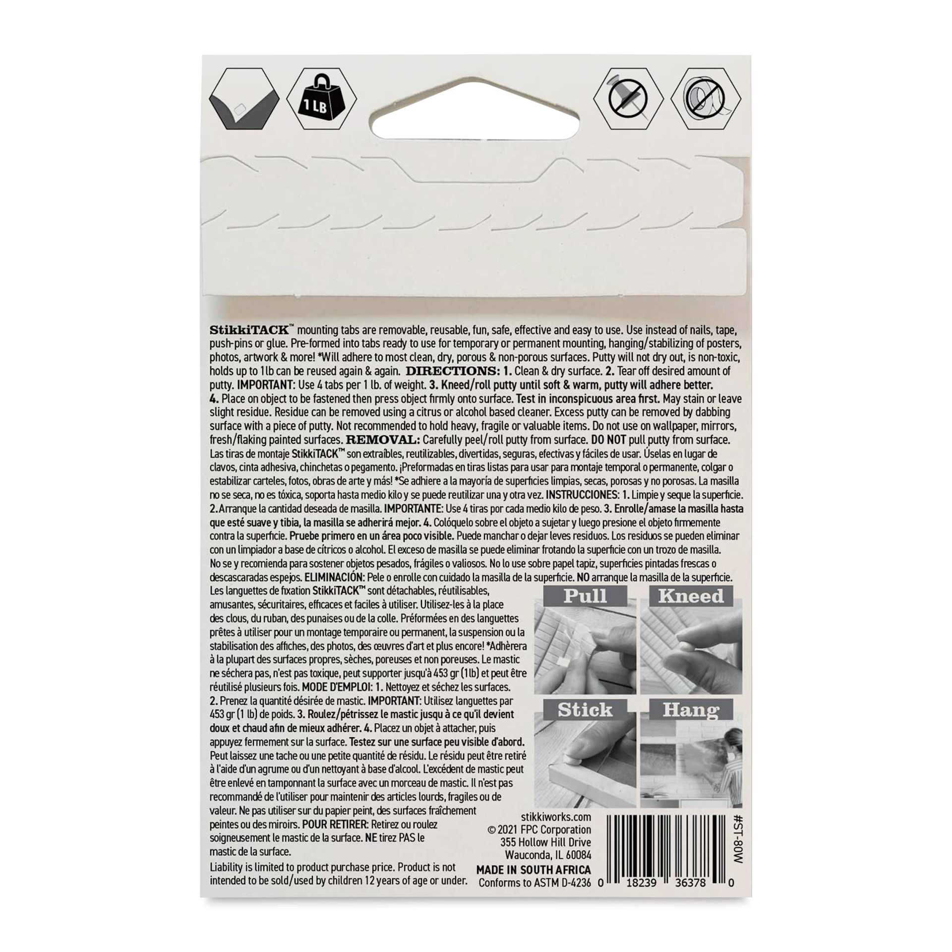 StikkiWorks StikkiTack Adhesive Putty - Pkg of 80, back of the packaging. 