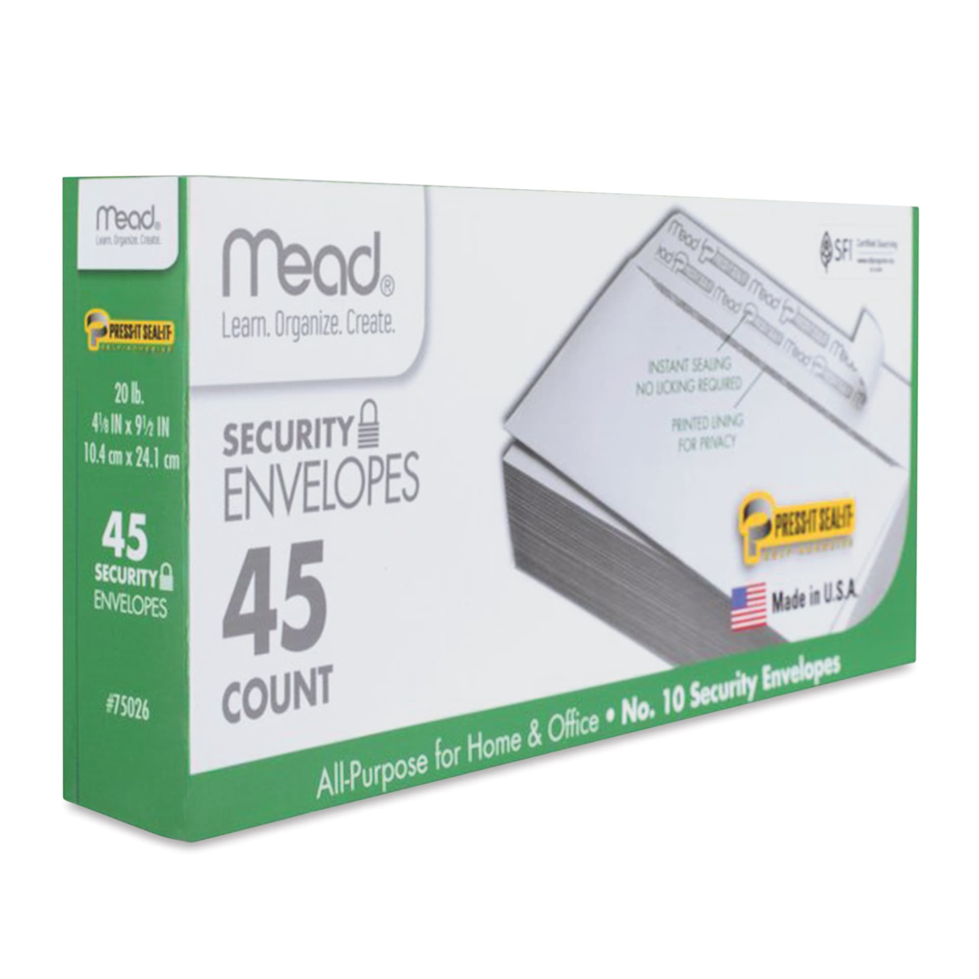 Mead #10 Press-It Seal-It Security Envelopes - Pkg of 45, 20 lb, 4-1/8" x 9-1/2 angled packaging