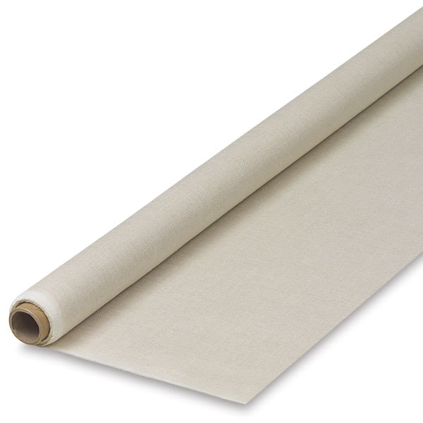 Fredrix Style 183 Unprimed Linen Canvas Roll - Angled view of slightly unrolled linen  