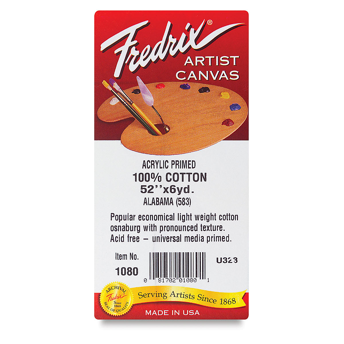 Fredrix Style 583 Alabama Acrylic Primed Cotton Canvas - Closeup of label