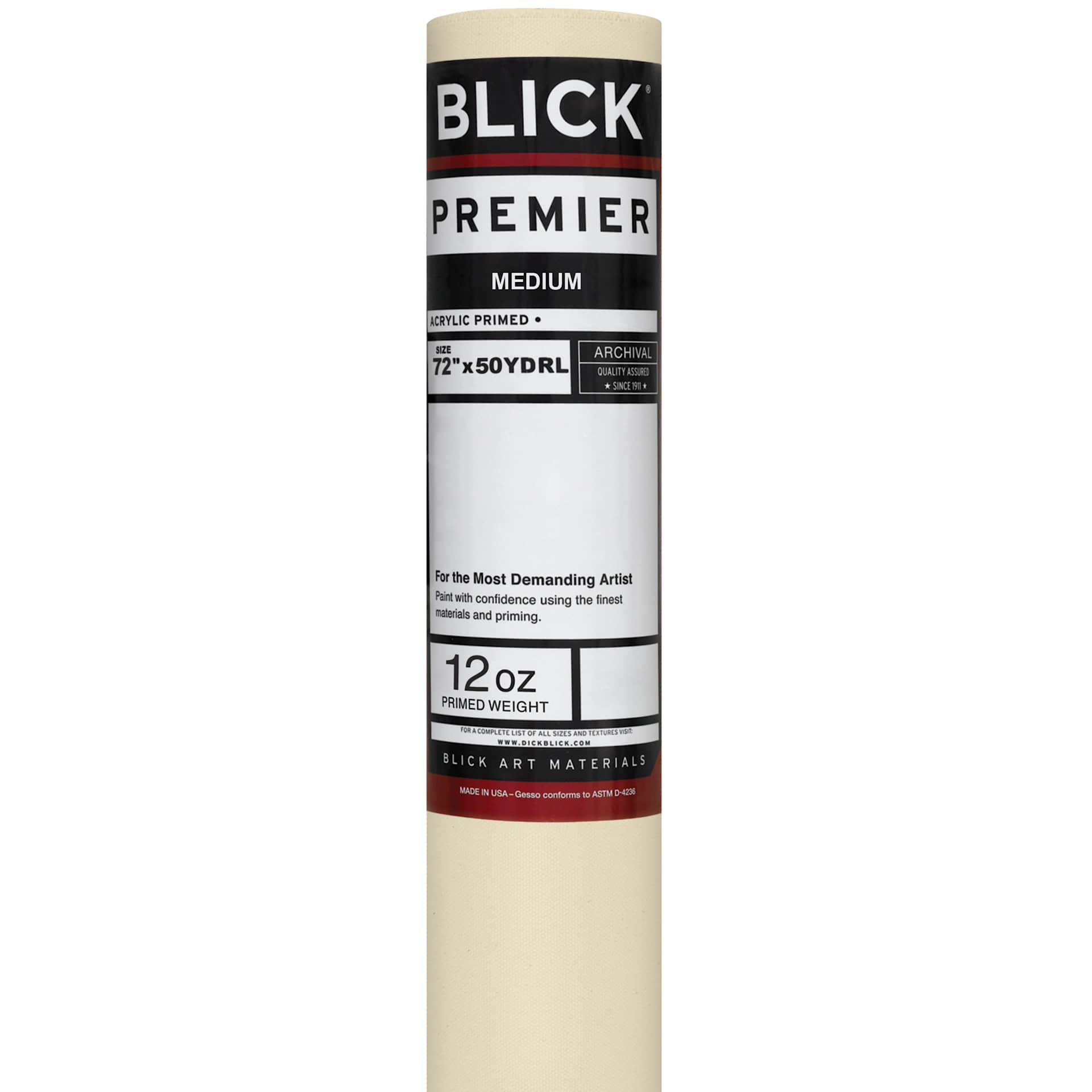 Blick Acrylic Primed Cotton Canvas - Medium, 72" x 50 yd, 12 oz, by the Roll, close-up of packaging label