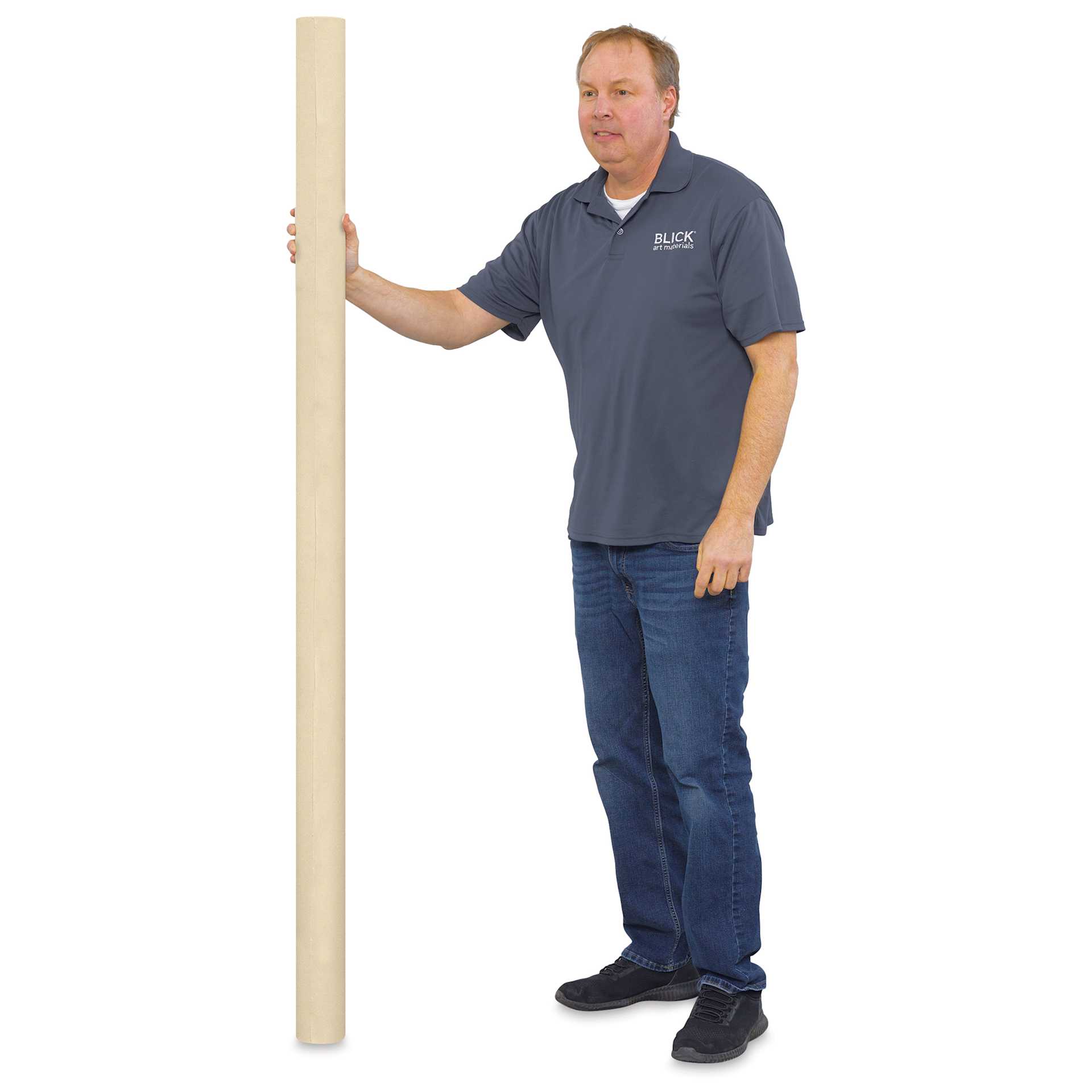 Blick Unprimed Cotton Canvas - Medium Weight, Portrait-Smooth Texture, 10 oz, 72" x 10 yds being held by a man (6'2")