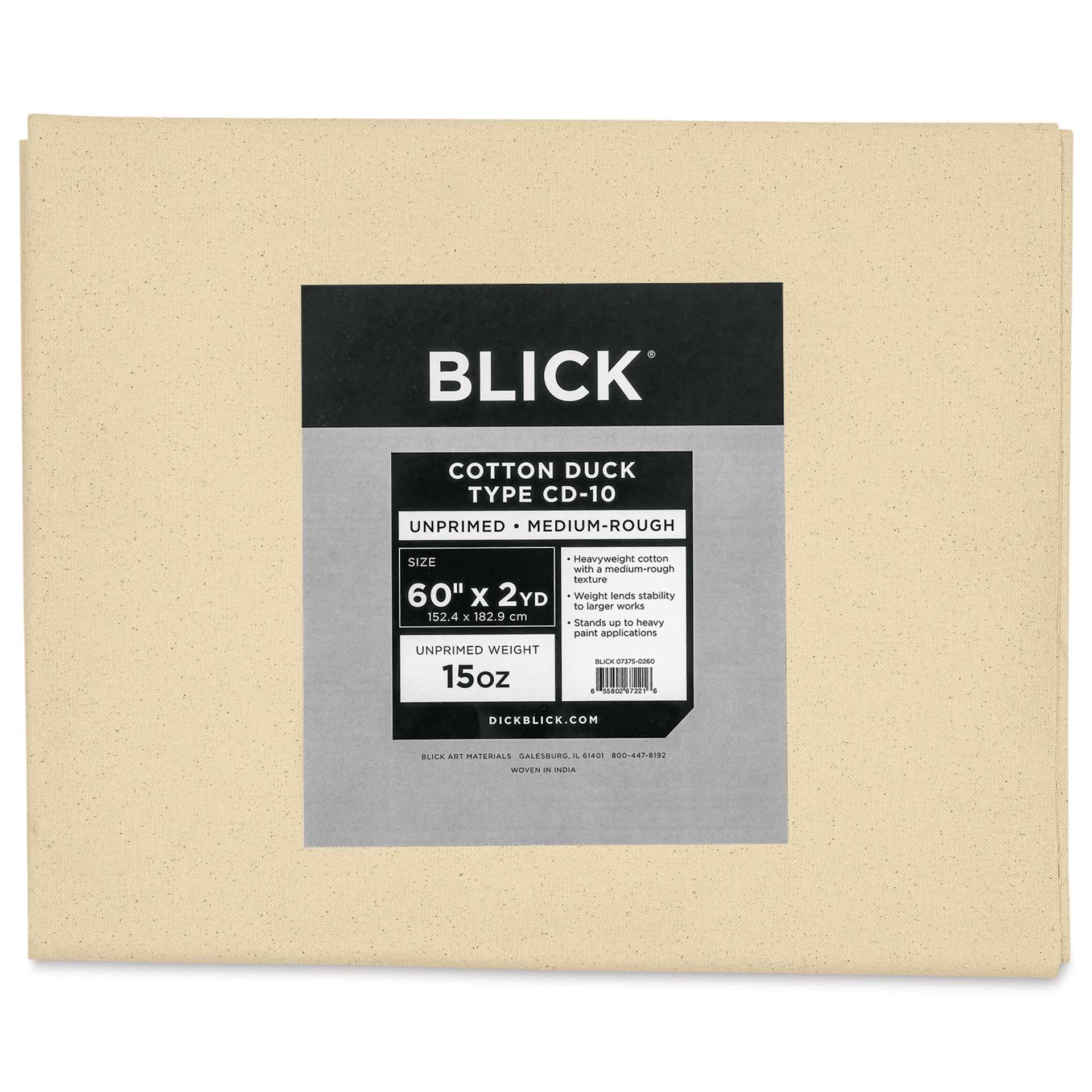 Blick Unprimed Cotton Canvas - Heavyweight Medium-Rough Texture, 60" x 2 yds, close-up of label