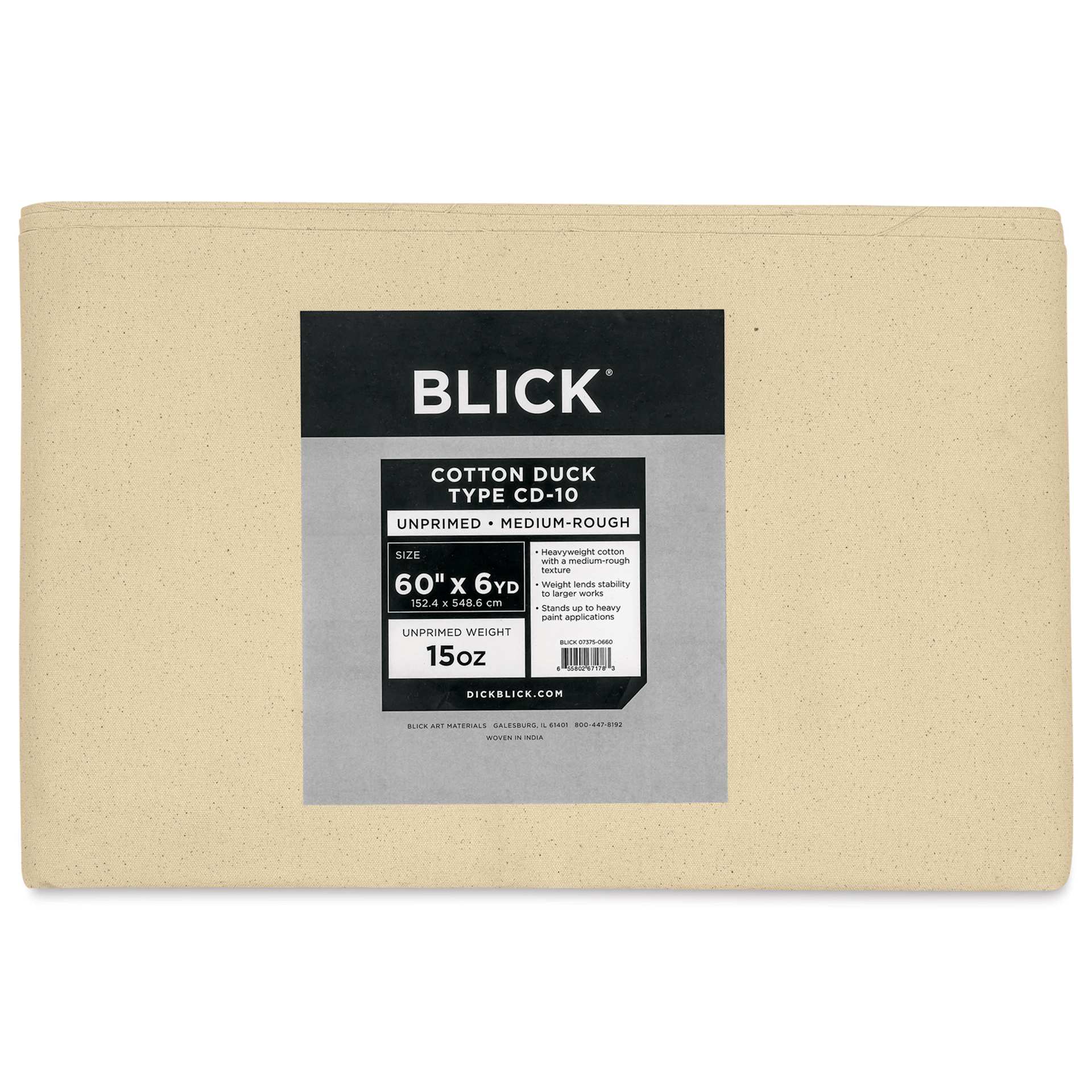 Blick Unprimed Cotton Canvas - Heavyweight Medium-Rough Texture, 60" x 6 yds, close-up of label