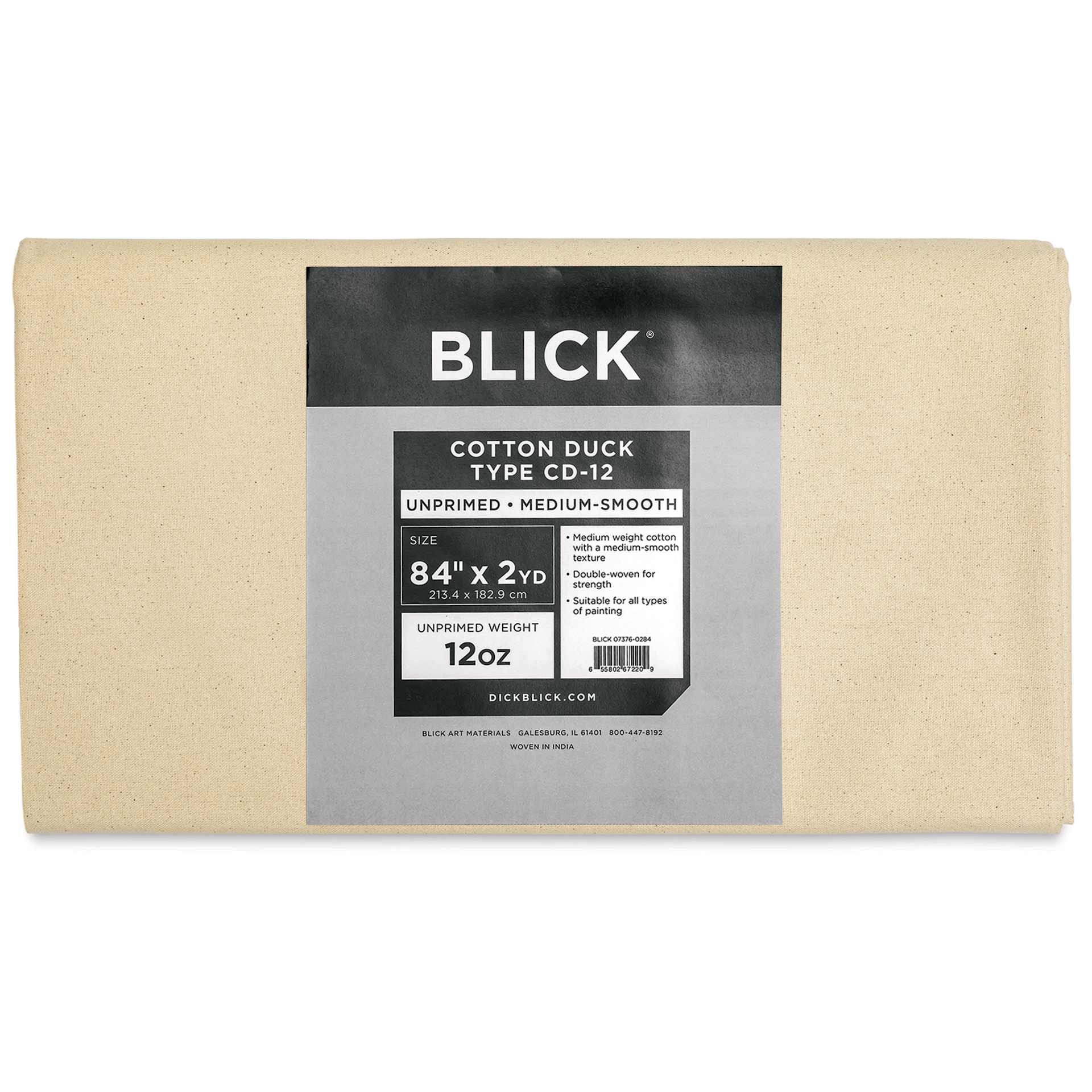 Blick Unprimed Cotton Canvas - Medium Weight, Medium-Smooth Texture, 84" x 2 yds, close-up of label