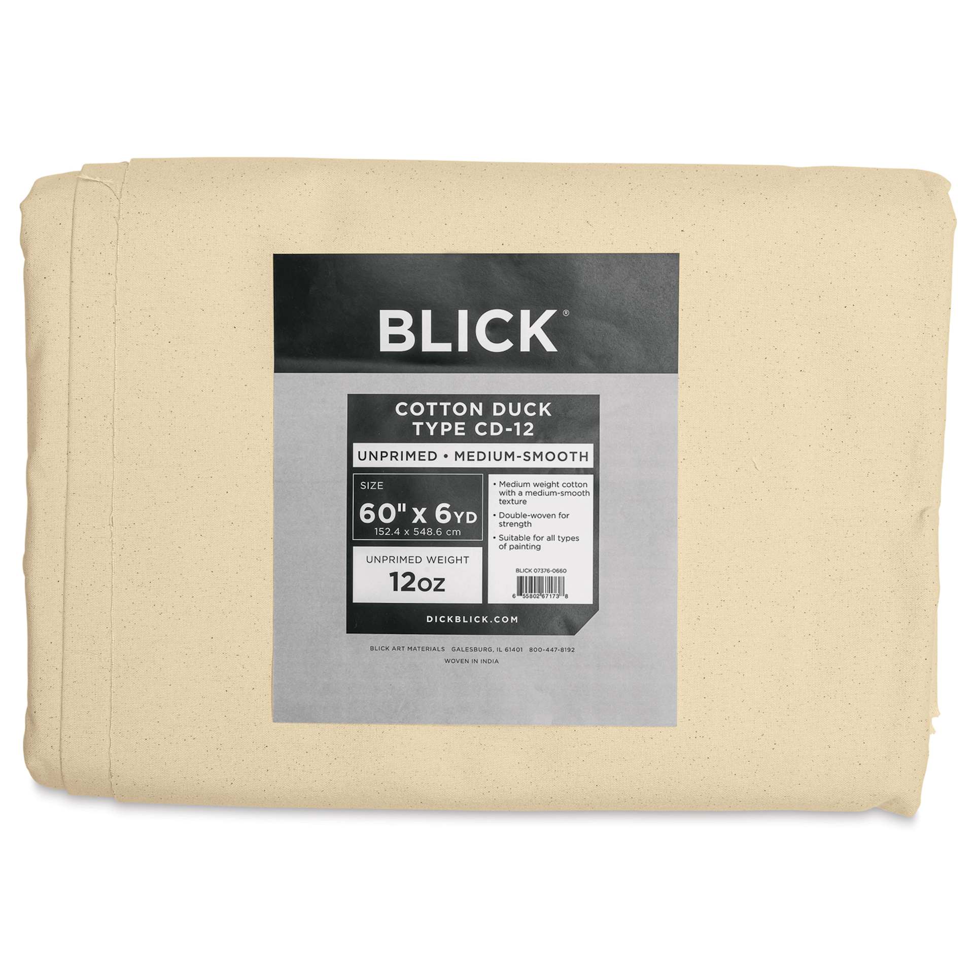Blick Unprimed Cotton Canvas - Medium Weight, Medium-Smooth Texture,  60" x 6 yds, close-up of label