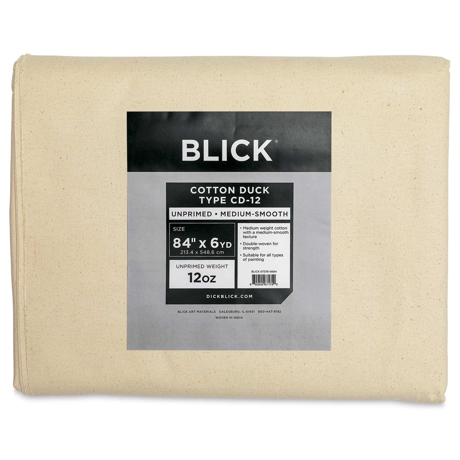 Blick Unprimed Cotton Canvas - Medium Weight, Medium-Smooth Texture, 84" x 6 yds, close-up of label